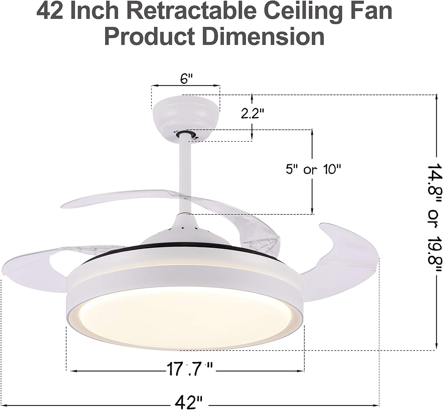 N/A 42’’ Retractable Ceiling Fan with LED Light and Remote Control, Retractable Blades, 3 Color Dimmable Modern Ceiling Fan for Bedroom/Living Room/Dining Room White 42 Inch