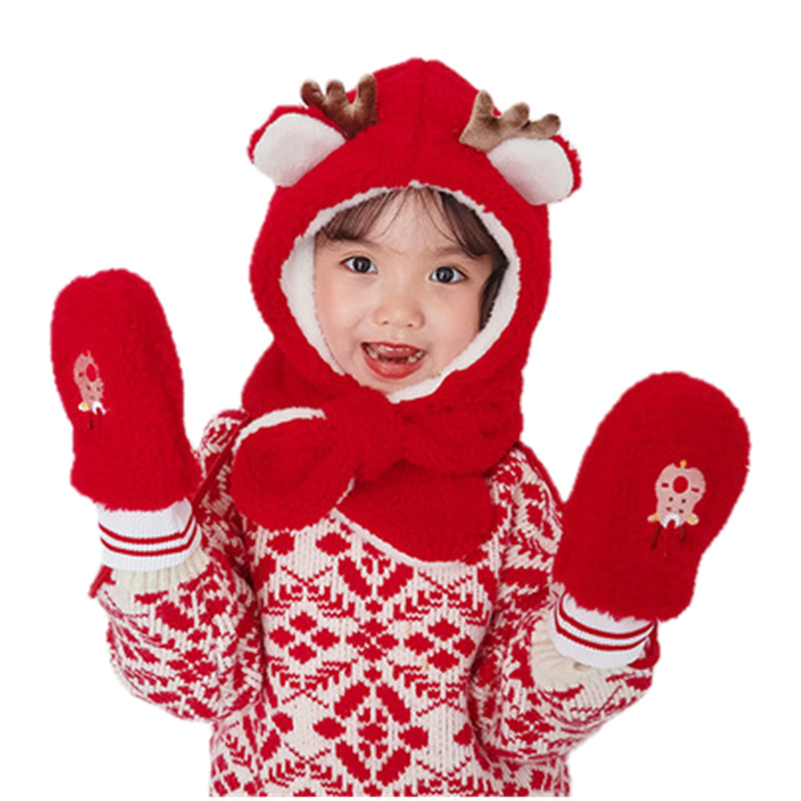 UKKO Beanie Kinder Winterschal Hut Handschuhe 1 Set Weihnachten Und Neujahr Geschenke Jungen Und Mädchen Warme Schals-Red 2 Pcs,3 to 8 Years Old