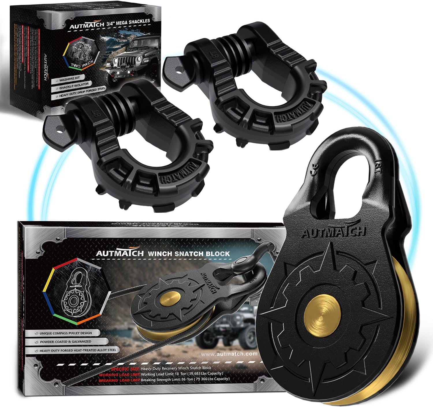 AUTMATCH Mega Shackles 3/4" with Winch Snatch Block Pulley 18 Ton, Max 79,366Lbs Break Strength, Heavy Duty Off Road Recovery Towing Pulley Blocks Winch Rope, ATV, UTV, Truck, Frosted Black