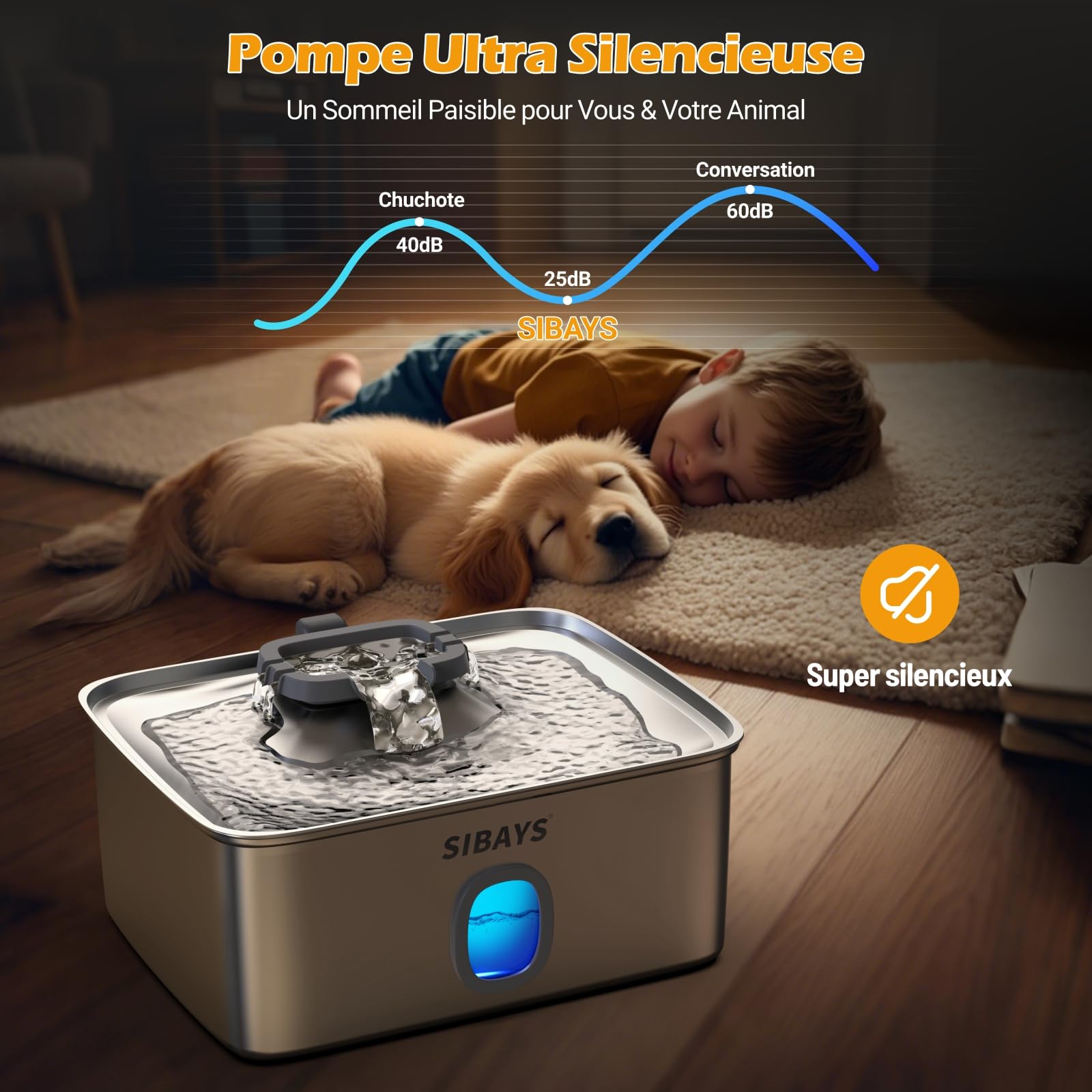 Sibays Fontaine a Eau Chat INOX, 15L Grande Fontaine a Eau Chien avec Zone de Boisson Plus Large, Super Silencieuse Fontaine à Eau pour Chat avec LED & Filtre, Adieu aux Remplissages Fréquents, FS76