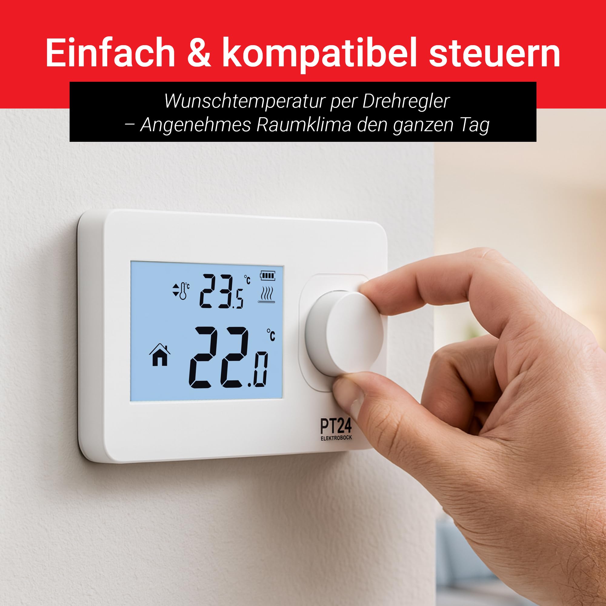 ELEKTROBOCK PT24 Raumthermostat mit LCD Display | Wandthermostat für alle Kesselarten geeignet | Batteriebetrieb (2X AAA) | Keine Programmierung notwendig | Frostschutz & Fenster-offen-Funktion