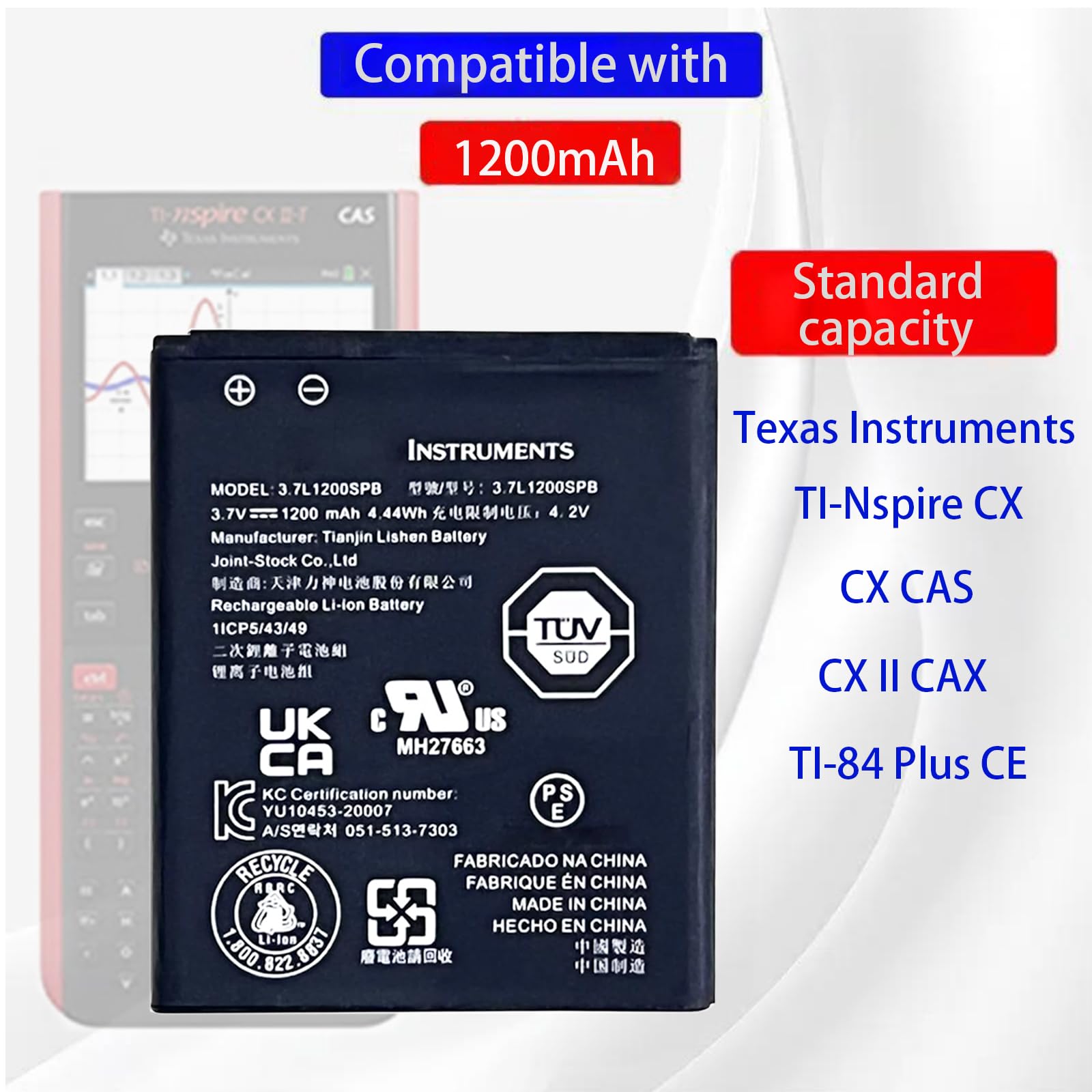Batterie de Rechange 3,7L1200SPB Compatible Texas Instruments TI-Nspire CX CX Cas