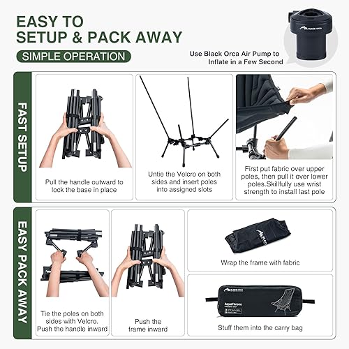 Miniatura 8 de Sillas de camping de respaldo alto, silla de camping portátil inflable, sillas plegables compactas ligeras con bolsa de transporte para mochileros