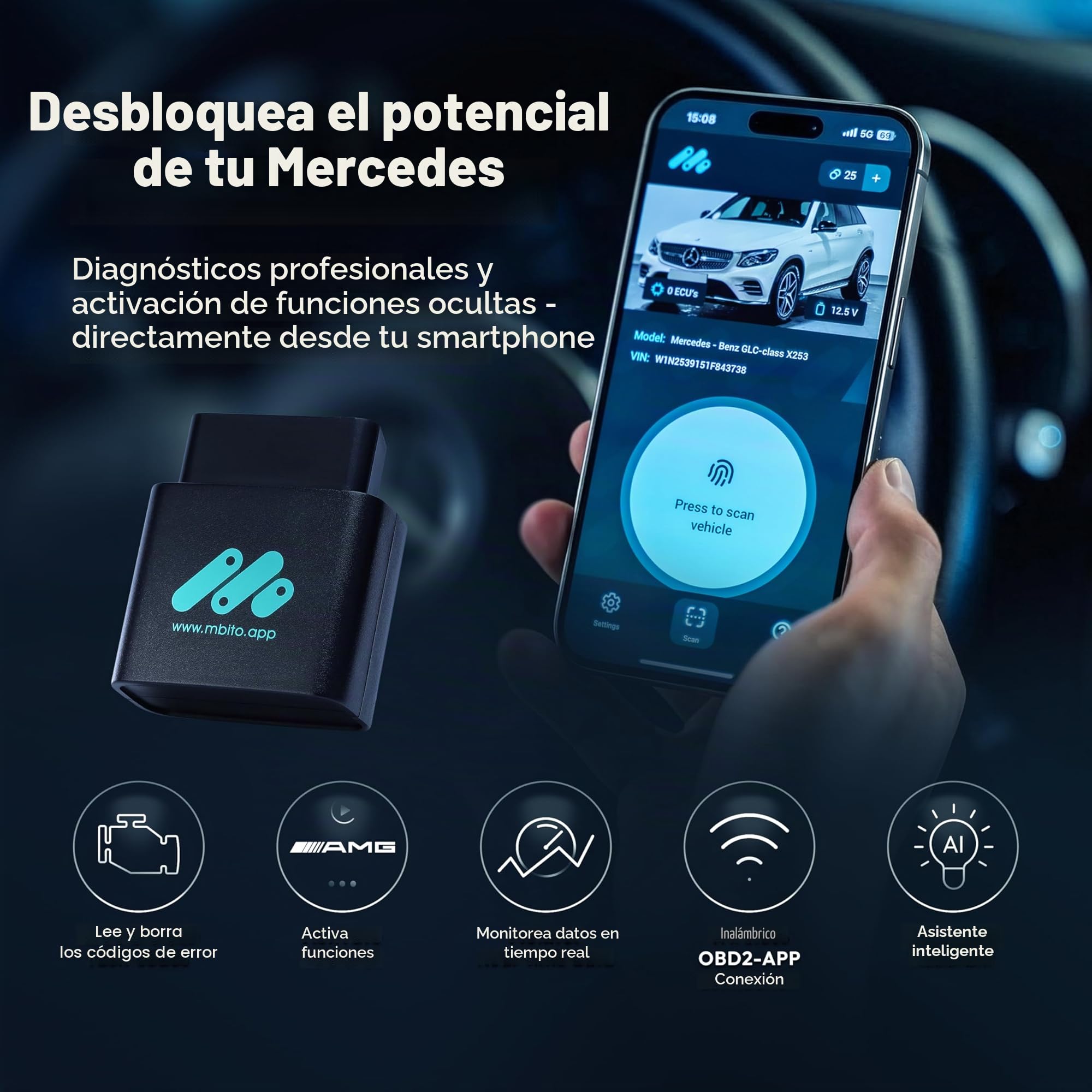 Escáner OBD2 Profesional MBito Bluetooth | Compatible con W204 W205 W212 W213 C117 X253 W166 | Diagnóstico y Codificación de Vehículos 2008-2024 | iOS Android