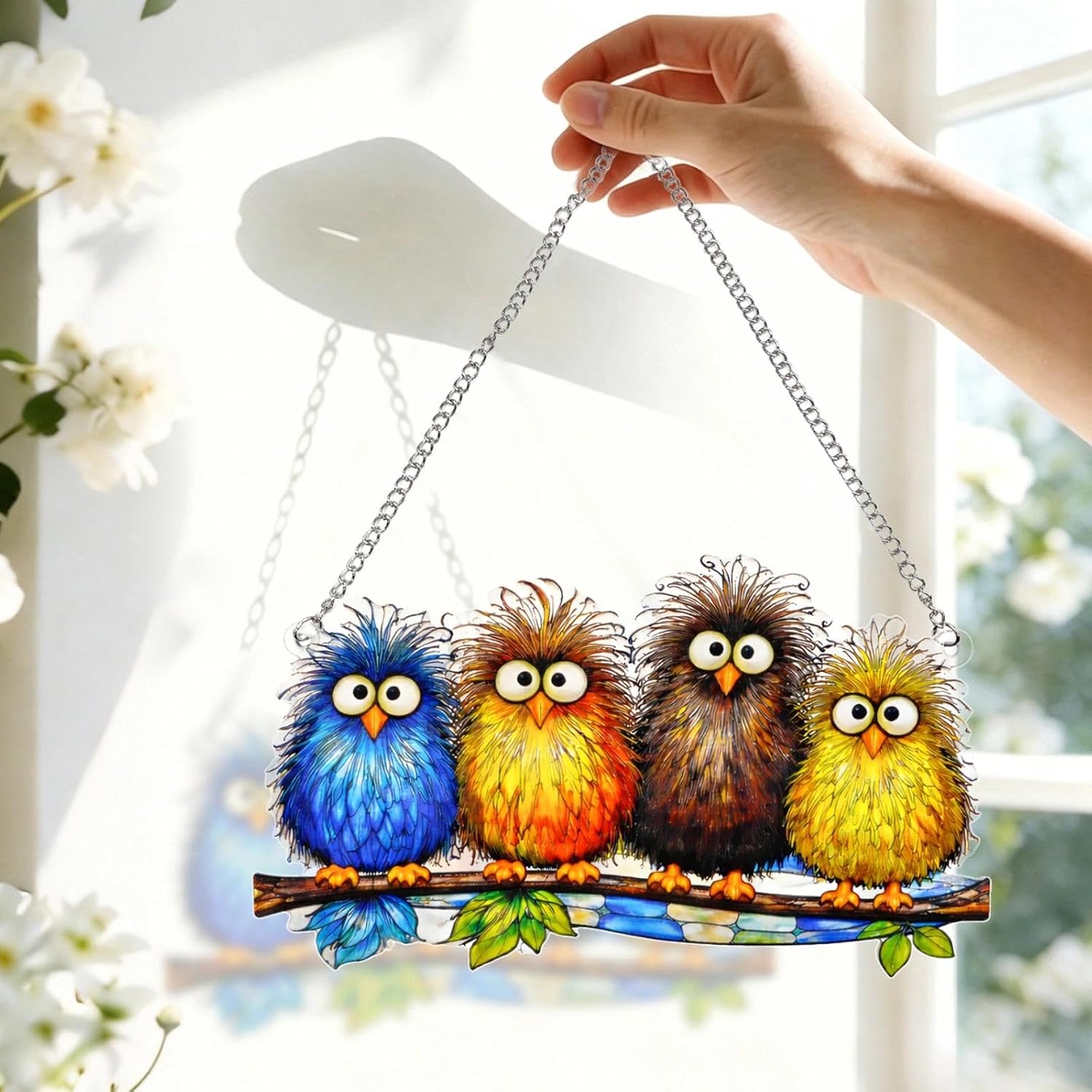 Stained Glass Window Hanging - Funny Fluffy Birds Suncatcher for Windows Doors Home Decor, Colorful Crazy Birds on Branch Sun Catcher Gift for Women Mom Nana Bird Lovers Christmas Mother's Day 7.8 in