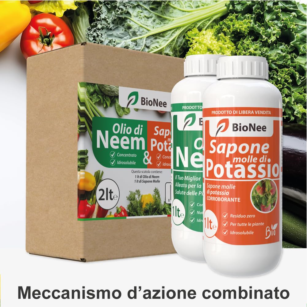 Olio di Neem - insetticida naturale biologico solubile in acqua (1 litro) + Sapone Molle di Potassio (1 litro)
