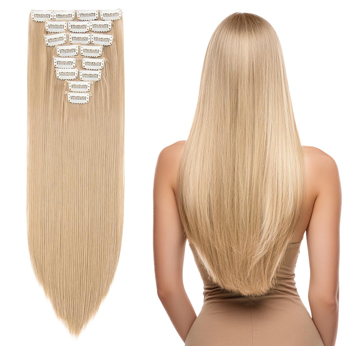SEGO Pro Clip in Hair Extensions 8 Pcs 18 Clips Full Head Synthetic Fiber Hair Pieces for Women Straight 26 Inch (Ash Blonde)
