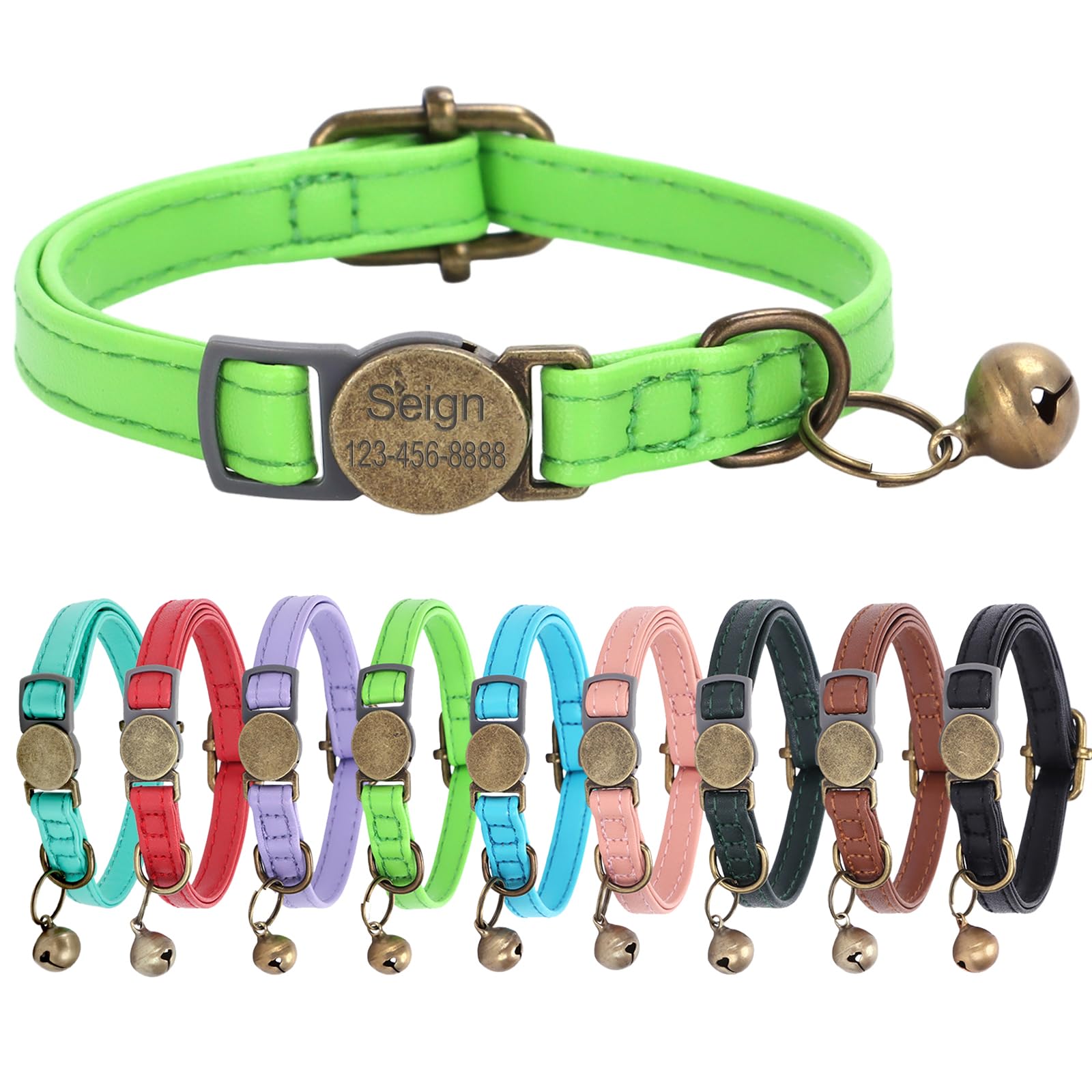 Comfluxe Cat Collar Breakaway, Personalized Leather Cat Collar with Bells-Adjustable Customized Collar with Name & Phone Number Tag for Girl Boy