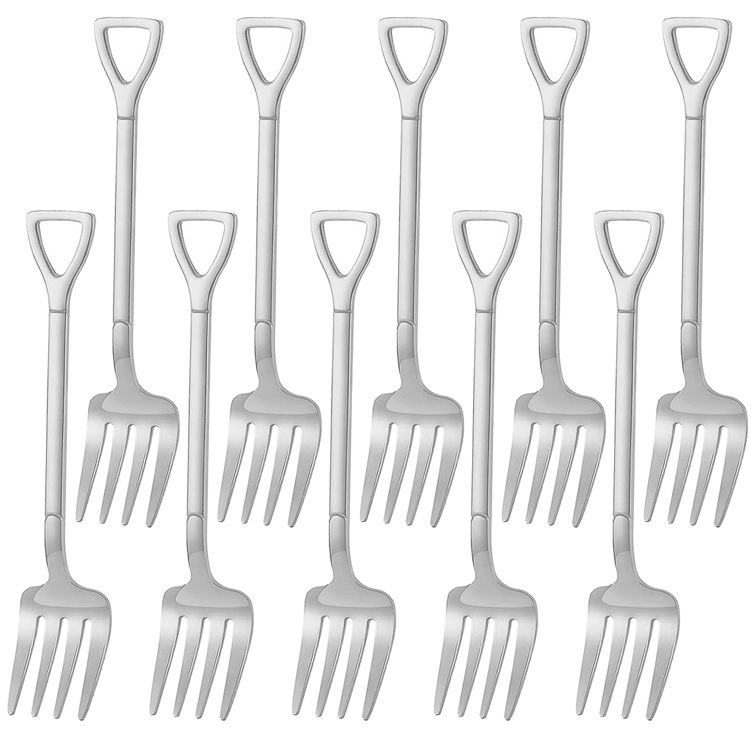 Comicfs 10 Pcs 4.7 Inches Silver Shovel Shape Fruit Forks Cocktail Sticks Set, Stainless Steel Mini Salad Forks Appetizer Cake Dessert Forks Party Supplies (10 Fork, Silver)