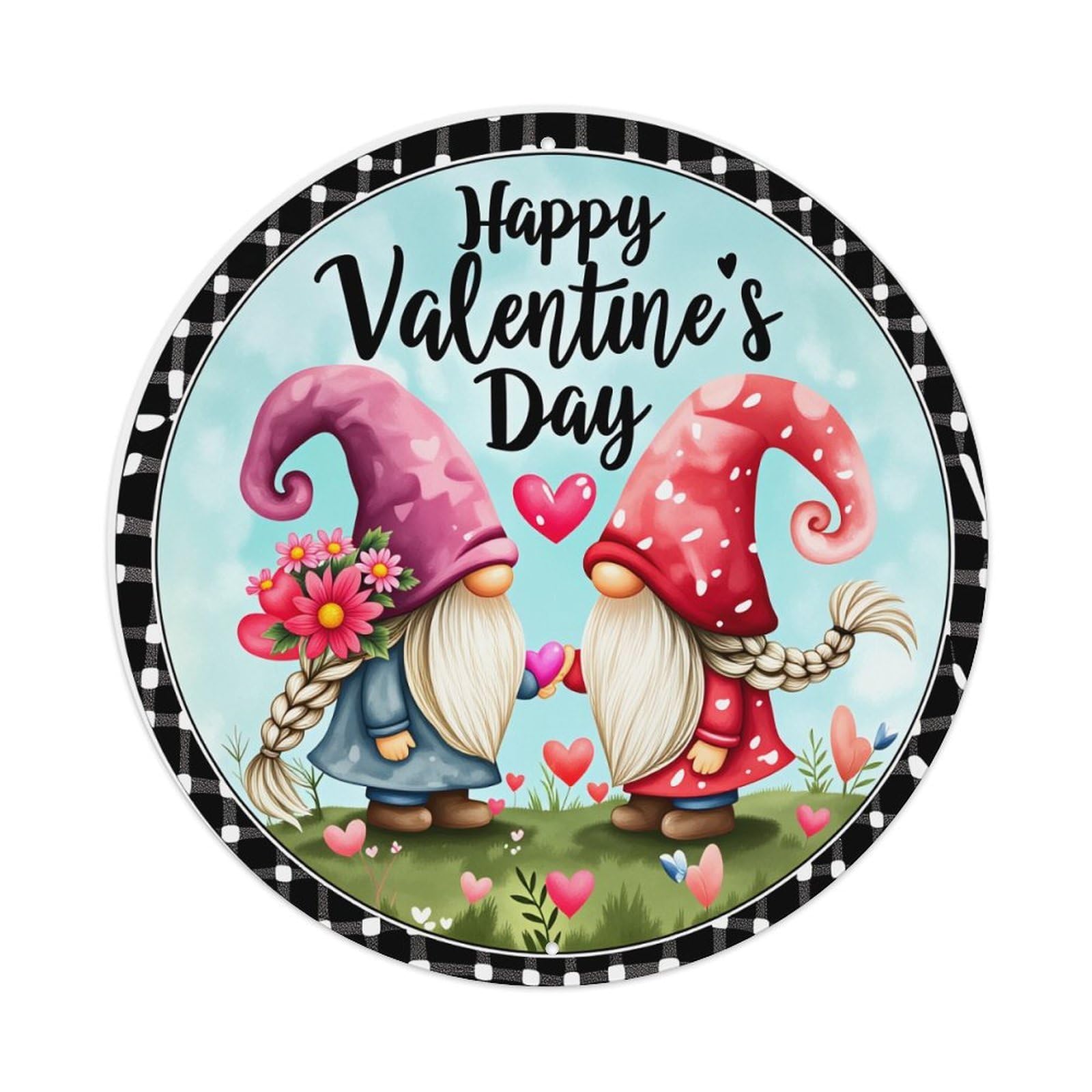Gnomes Holding Hearts Valentine Day Round Tin Sign Vintage Metal Poster Retro Bar, Home, Man Cave, Kitchen, Laundry Room Wall Art Decor Gift 8x8Inch
