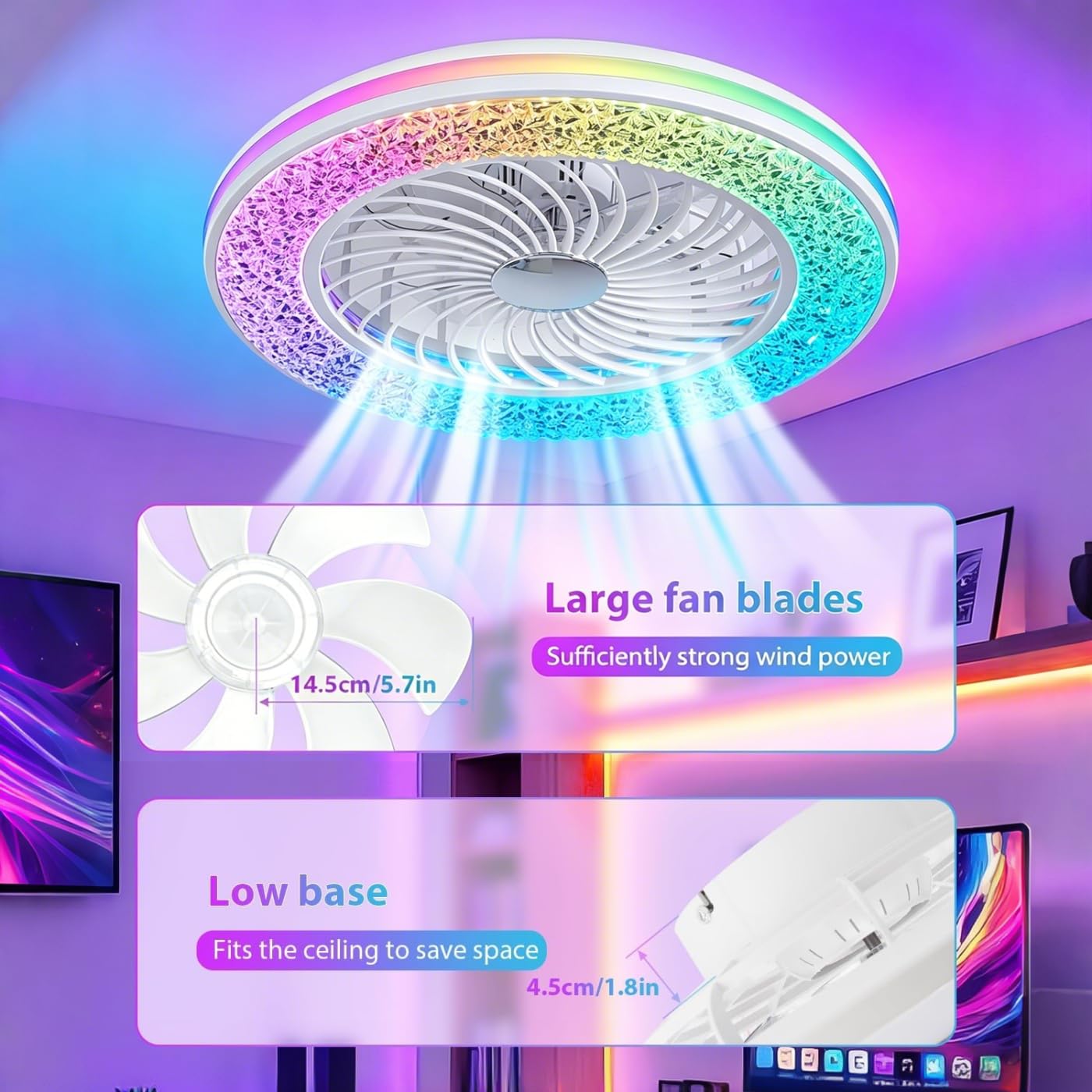 Smarte Deckenventilator mit Beleuchtung Kompatibel mit Alexa und Google Assistant RGB Deckenleuchte mit Ventilator Dimmbar mit Fernbedienung Leiser Fan Deckenlampe für Schlafzimmer Wohnzimmer Ø50CM
