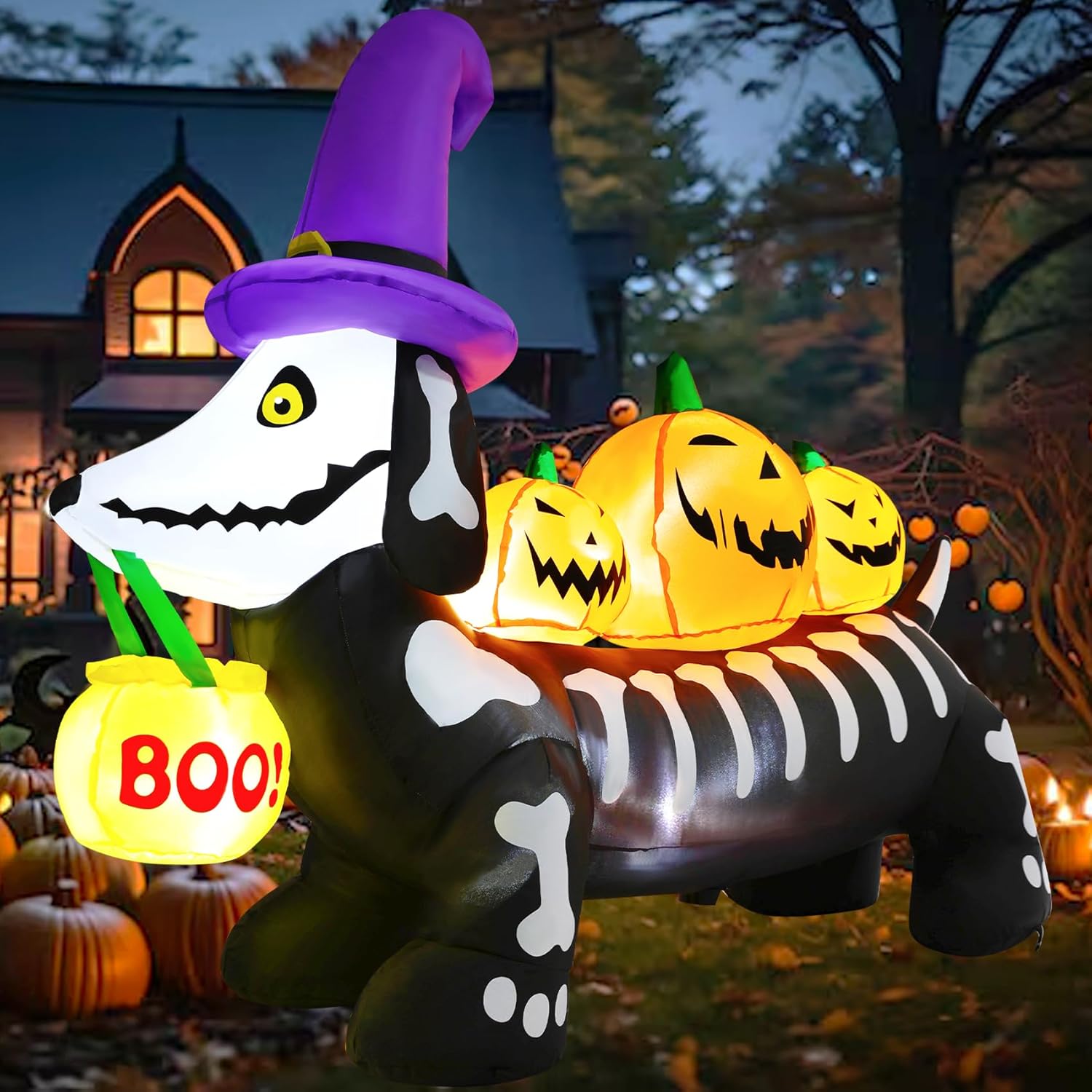 TCFUNDY 5 FT Halloween Inflatables Skeleton Dog with Pumpkin Outdoor Yard Decorations Blow Up Dachshund Dog with Built-in LEDs for Indoor Party Garden Lawn Decor