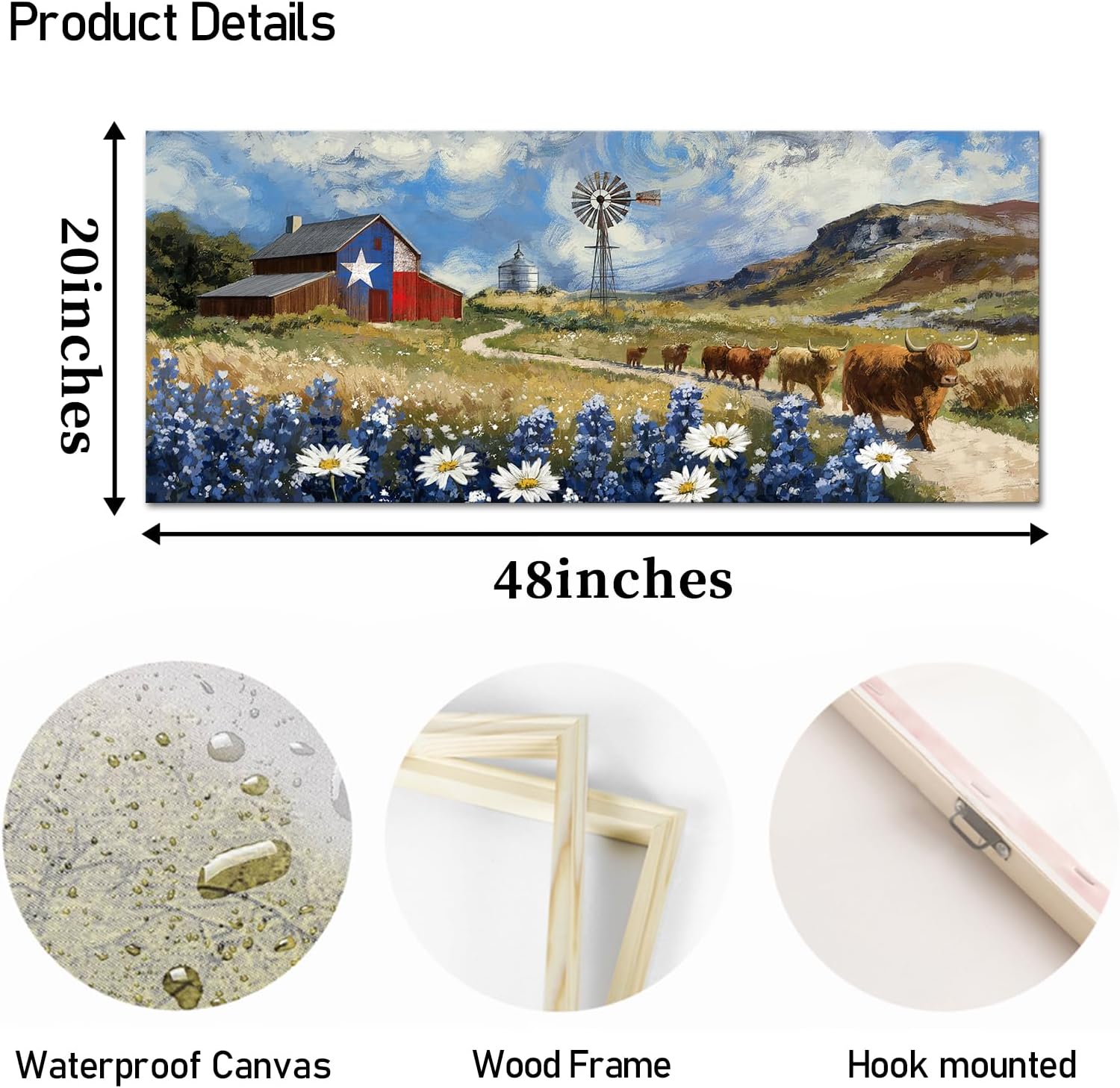 OuElegent Texas Ranch Landscape Wall Art Rustic Farmhouse Painting with Longhorn Cattle, Windmill and Barn Pictures Western Country Wall Decor framed 20''x48'' (colorful)