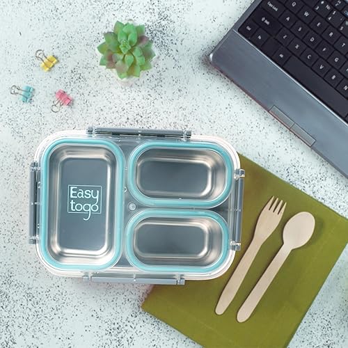 Miniatura 7 de Lonchera Bento grande con 3 compartimentos de acero inoxidable, contenedor de preparación de comidas de 40 onzas con recipiente reutilizable para