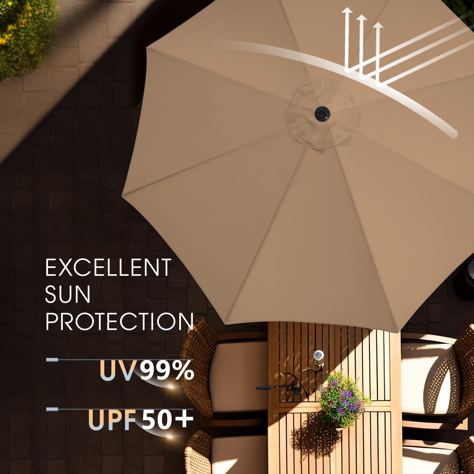 wikiwiki 11FT Patio Umbrella with Base, Outdoor Umbrellas with Base Included, 8 Sturdy Ribs, Waterproof Fade Resistant POLYESTER DTY Canopy for Deck, Lawn, Garden, Backyard & Pool, Tan : Patio
