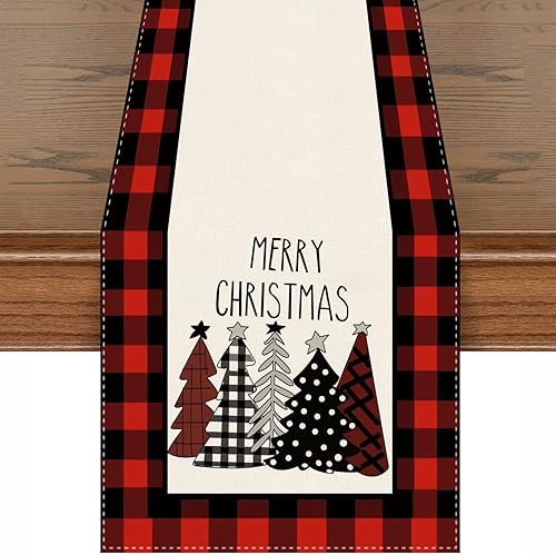 UYPGOIN Camino de mesa de árboles de Navidad a cuadros rojos y negros de temporada de invierno feliz Navidad cocina comedor decoración para