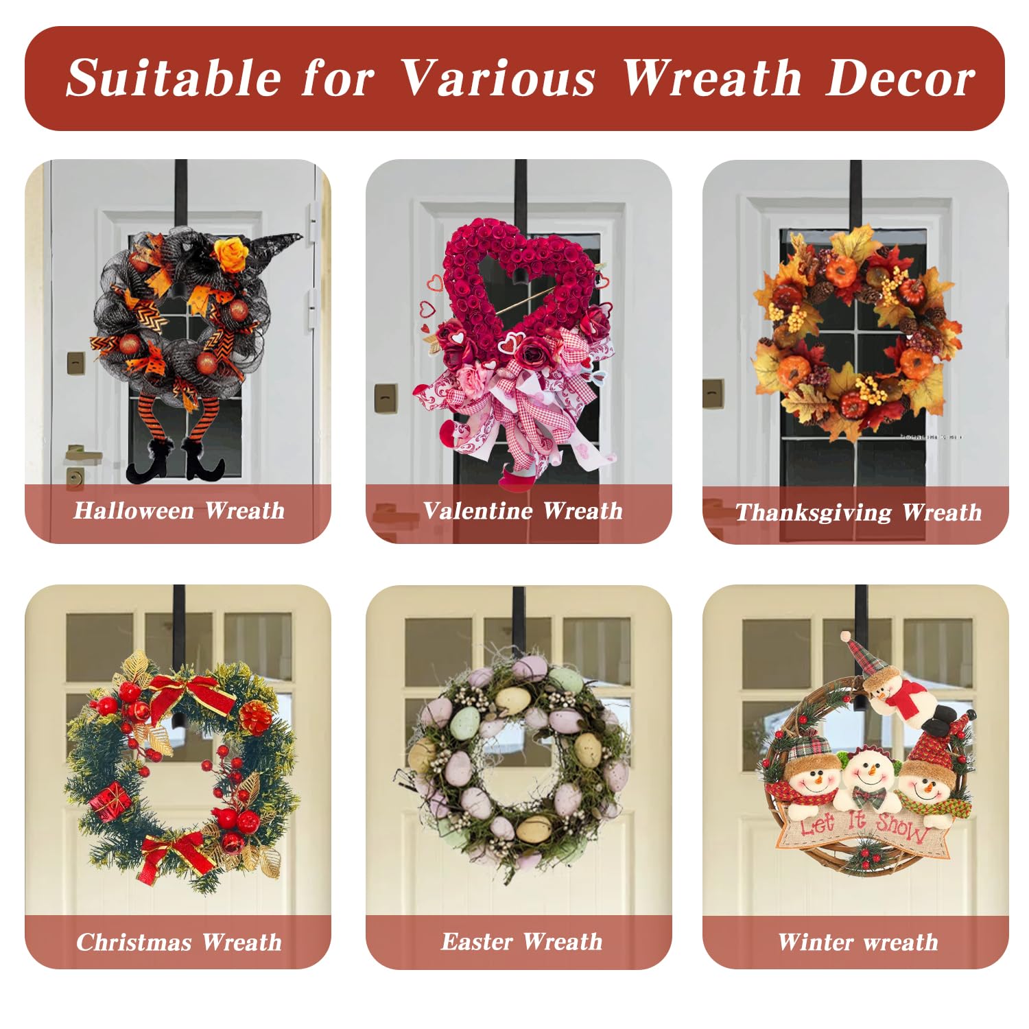 Chffcuh Wreath Door Hanger, Black Wreath Hanger for Front Door, Adjustable Wreath Hanger from 15 to 25 Inches Wreath Hanger, Metal Door Wreath Hanger for Valentine, Spring, Easter Decorations Wreaths