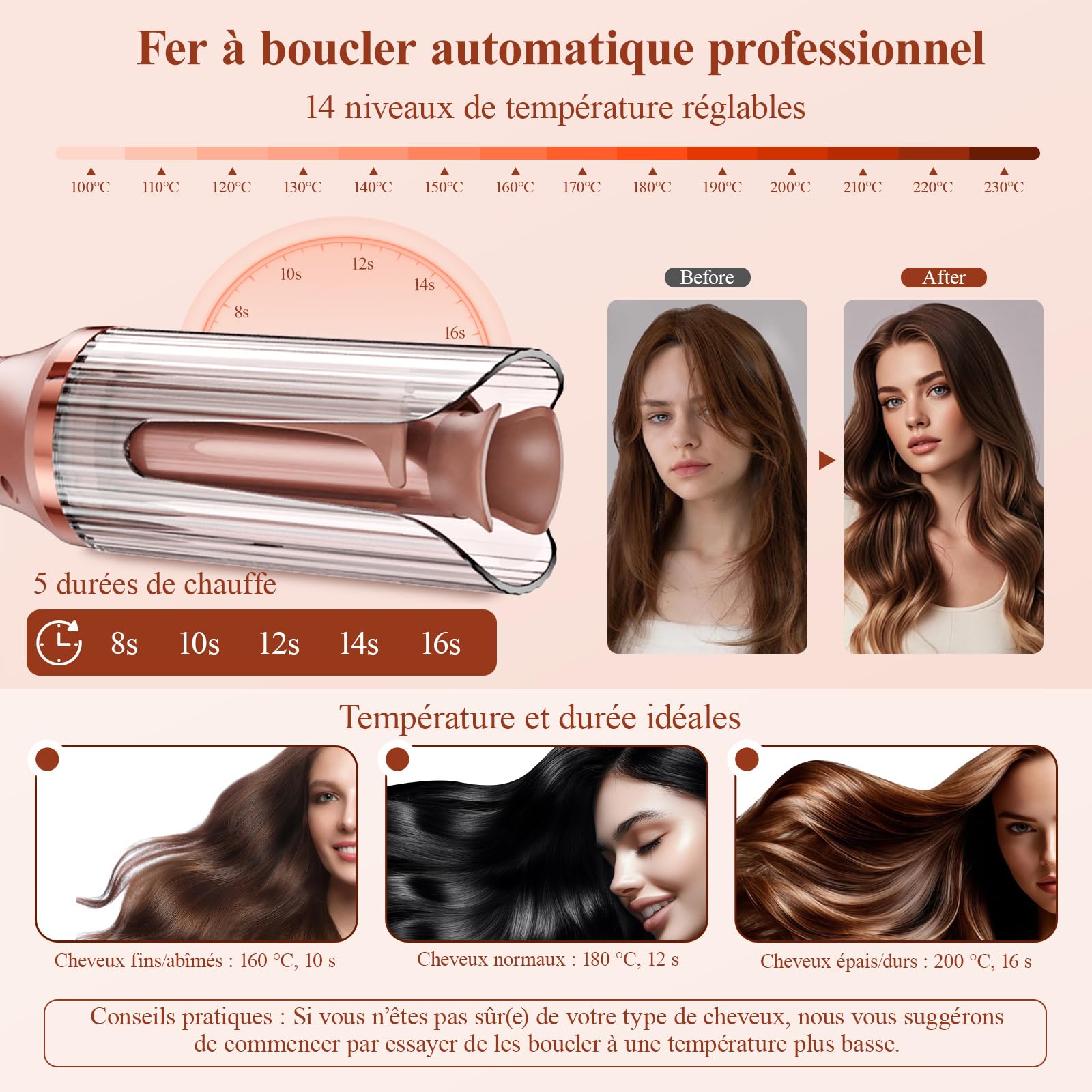 Boucleur a Cheveux Automatique Boucler: 25mm Fer a Boucler Automatique avec 14 Niveaux de Température et 5 Minuteries - Beach Waves Fer à Friser Long Cheveux avec Écran LED, Protection Anti-Brûlure
