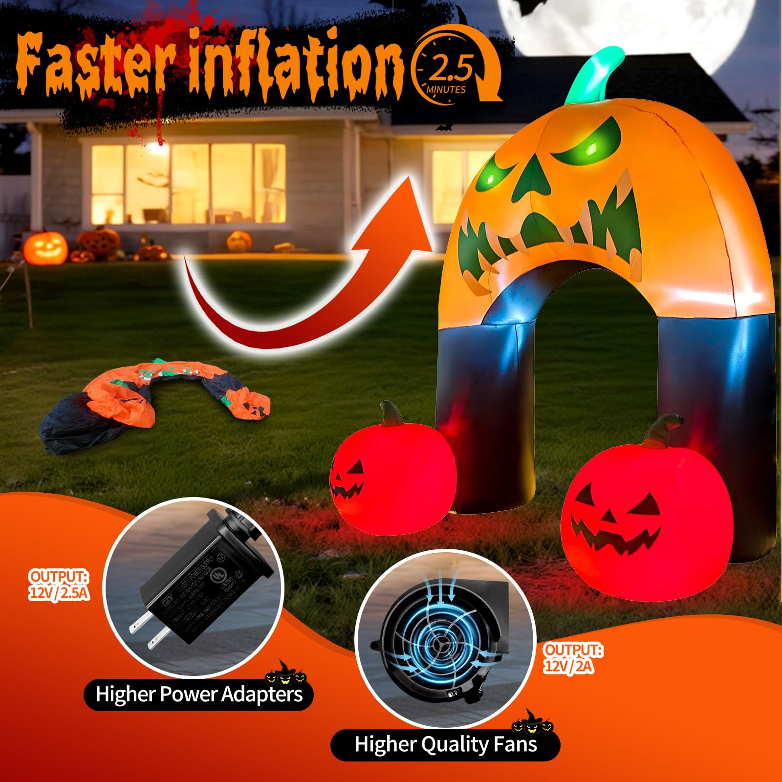 Zucca gonfiabile di Halloween con gatto strega a LED, decorazione animata da cortile per esterni, prato, feste, balcone e patio (arco di zucca da 3 m)