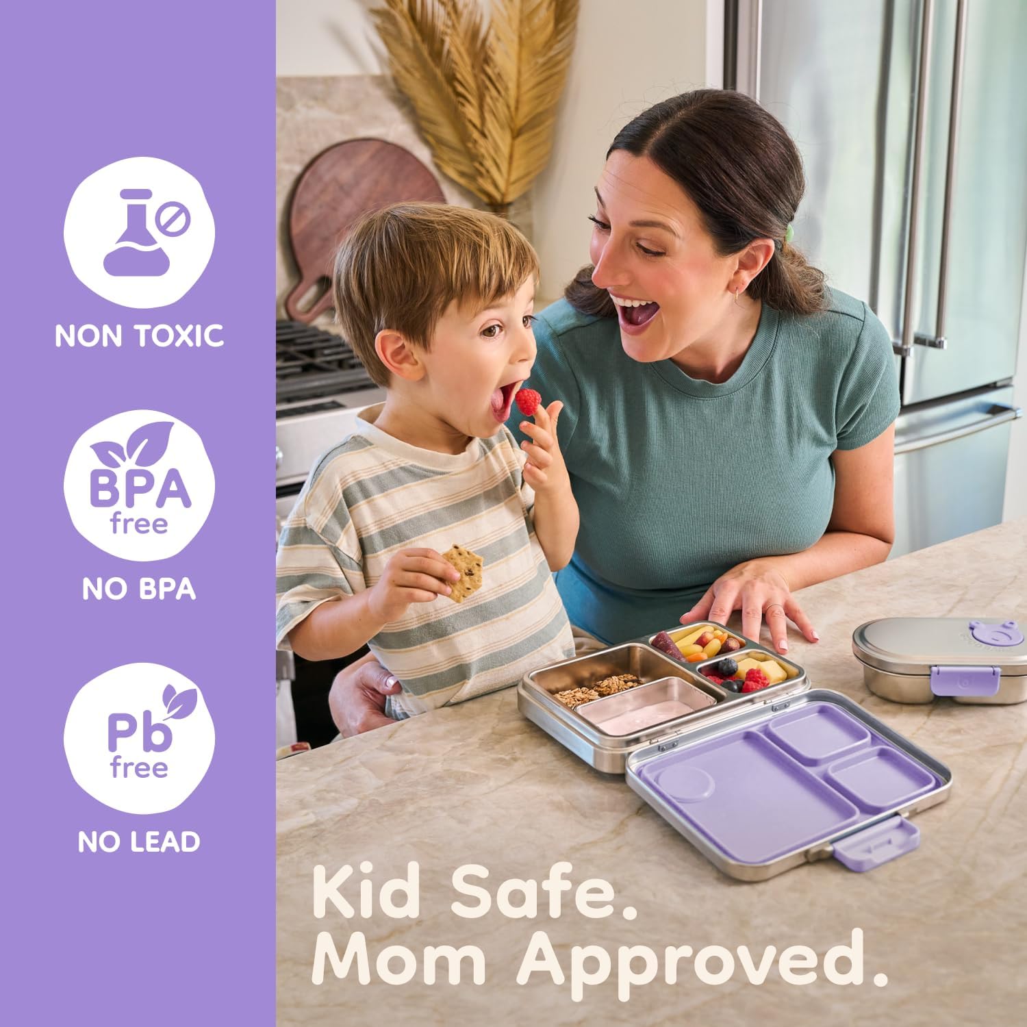 Good Bare Stainless Steel Snack Container for Kids – 2 Compartment Metal Bento Box, Leakproof, Non-Toxic, Easy-Open Latch, Dishwasher Safe, Small Snack Pack, Perfect for On-the-Go (Lavender Mist)