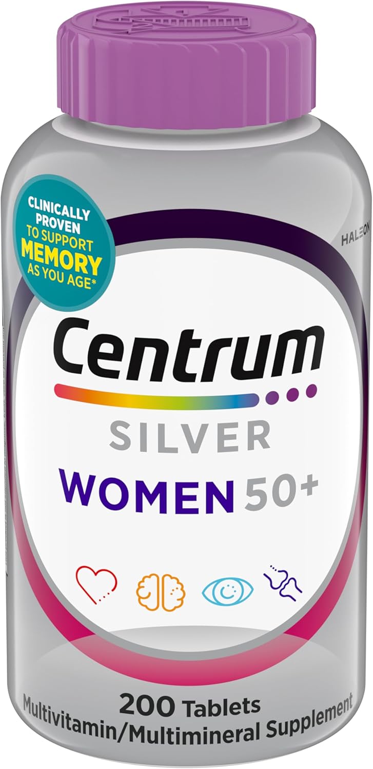 Centrum Silver Women’s Multivitamin for Women 50 Plus, Multivitamin/Multimineral Supplement with Vitamin D3, B Vitamins, Calcium and Antioxidants, Gluten Free, Non-GMO Ingredients – 200 Count