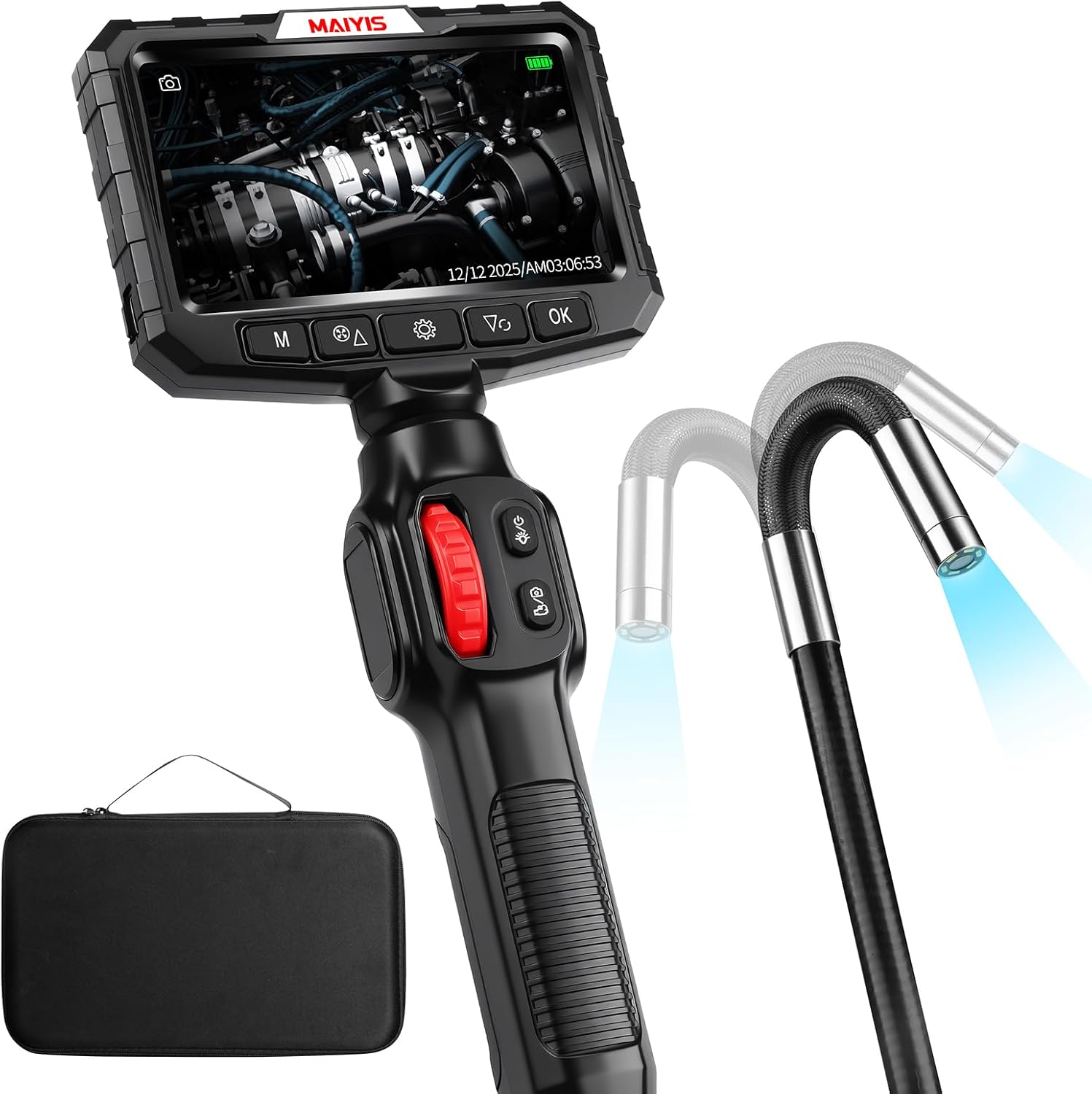 Two-Way Articulating Borescope Camera with Light, 0.24 in Mini Inspection Camera with 5 in HD Screen, 6.5ft Semi-Rigid Snake Cable Endoscope for Wall, Engine, HVAC and Plumbing Checks