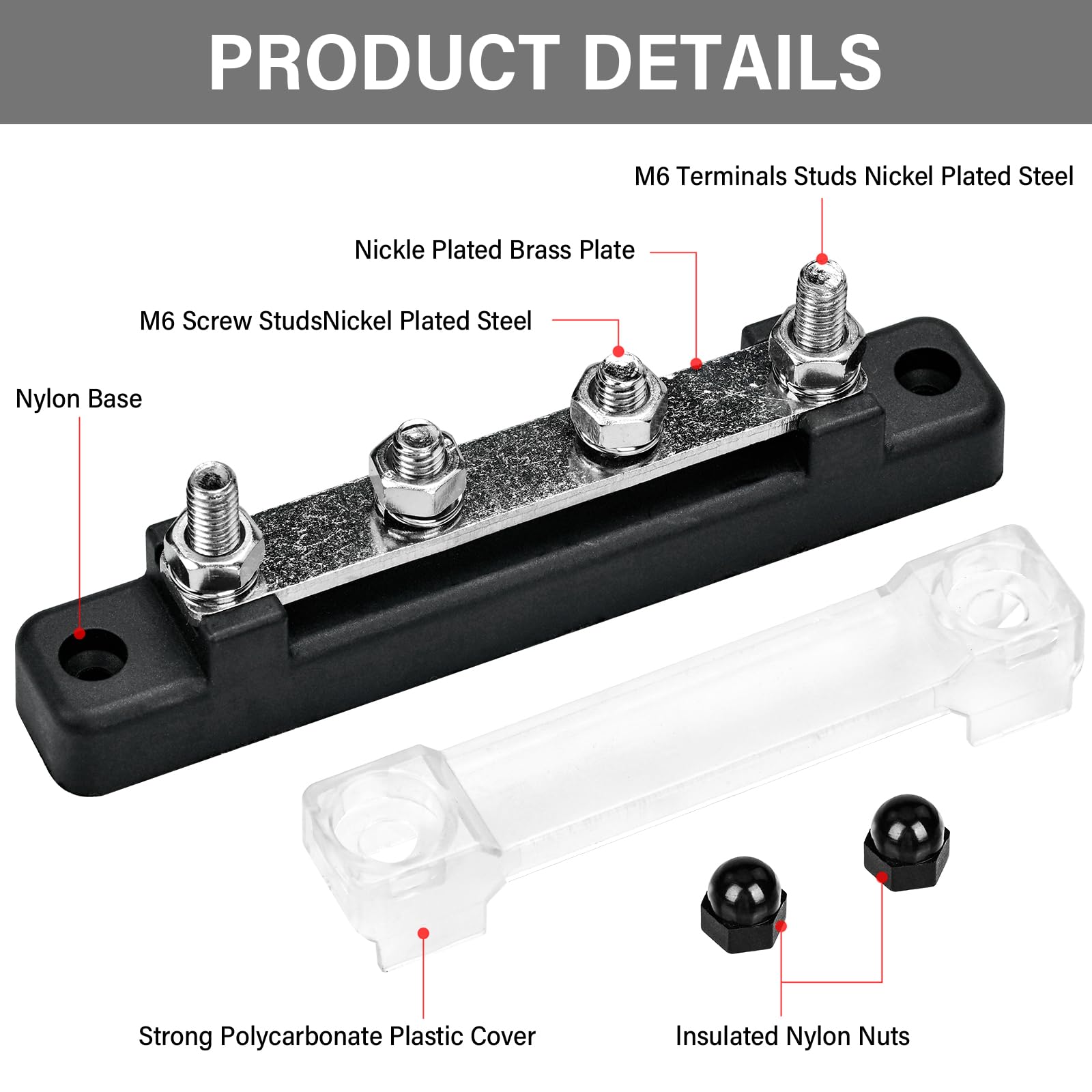 2 Pièces Bloc de Distribution D'alimentation 12V-48V DC BusBar 150A 4 x M6 Boulons de Borne pour Navires/Yachts/Camping Cars(Rouge/Noir)