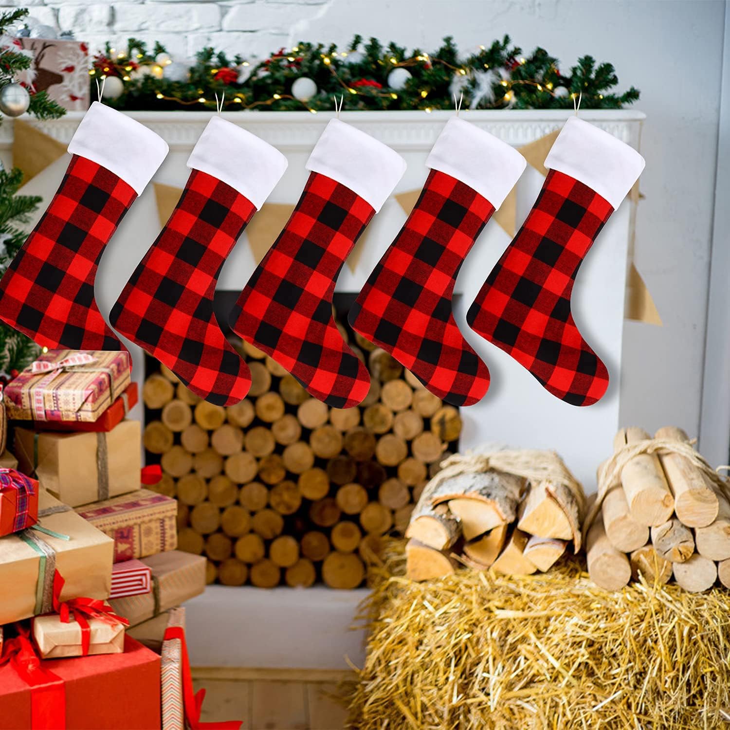 DERAYEE 6 Pack Christmas Stockings Bulk, 18 Inch Large Red Black Buffalo Plaid Fireplace Hanging Stockings for Family Holiday Xmas Party Decoration