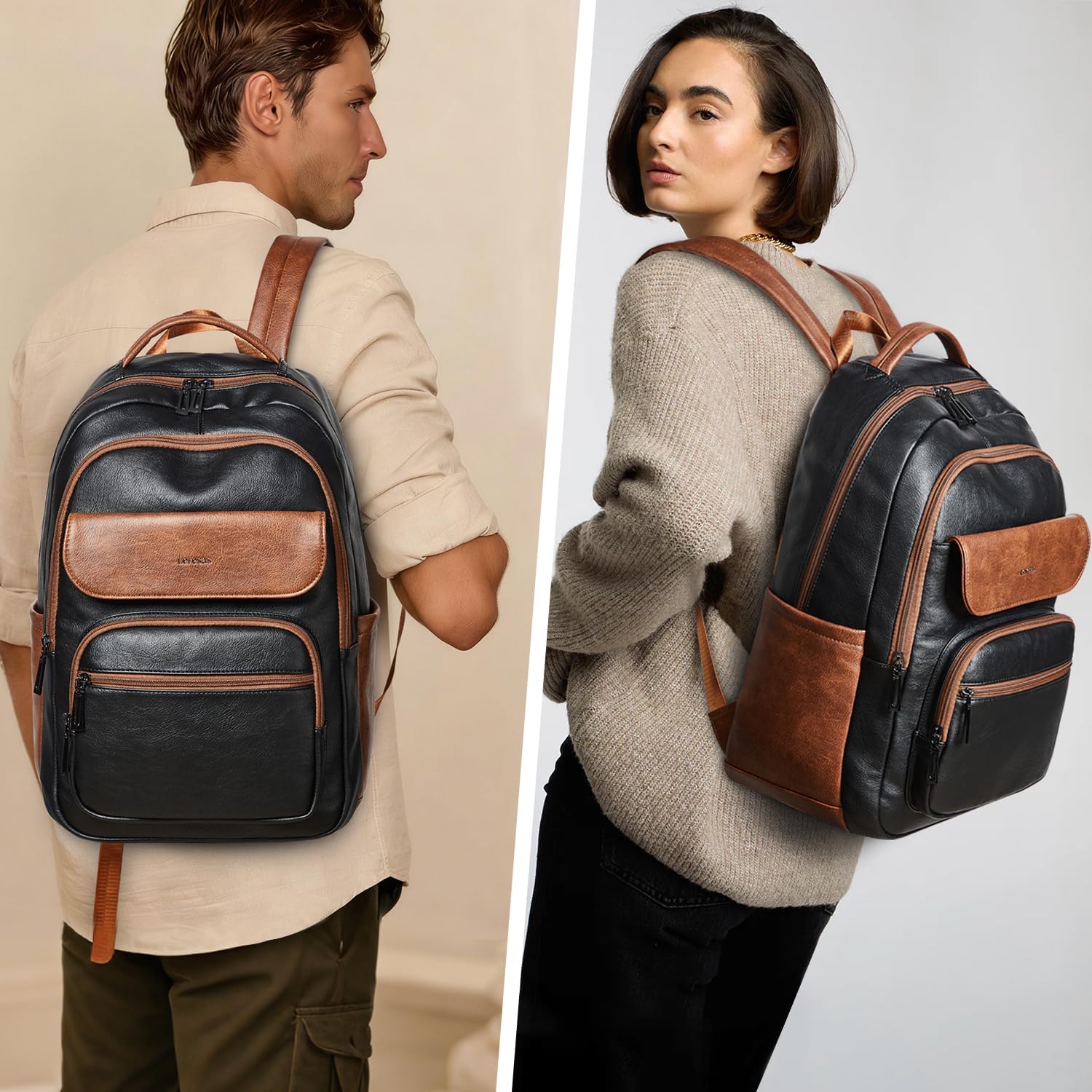 37L Backpack Purse for Women Men for Work Travel Back Pack Vegan Leather Business Teacher Book Bag Fashion Computer Daypack Back Pack Brown Black