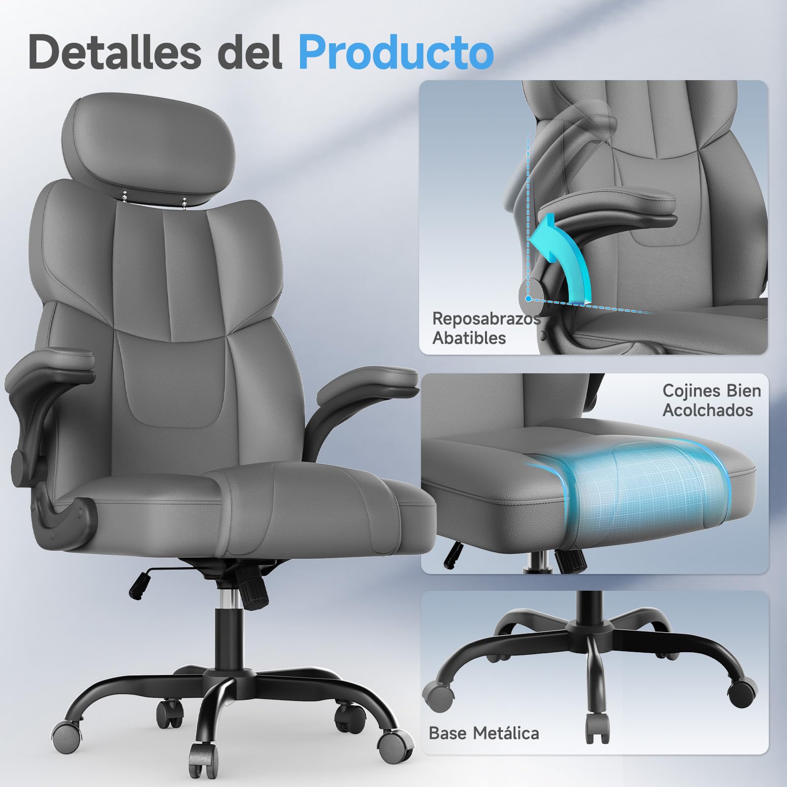 naspaluro Silla de Oficina, Silla de Escritorio Ergonómica, Silla Giratoria con Función de Inclinación, Apoyabrazos Plegables, Silla Ordenador de Cuero PU con Reposacabezas Ajustable, Gris Oscuro