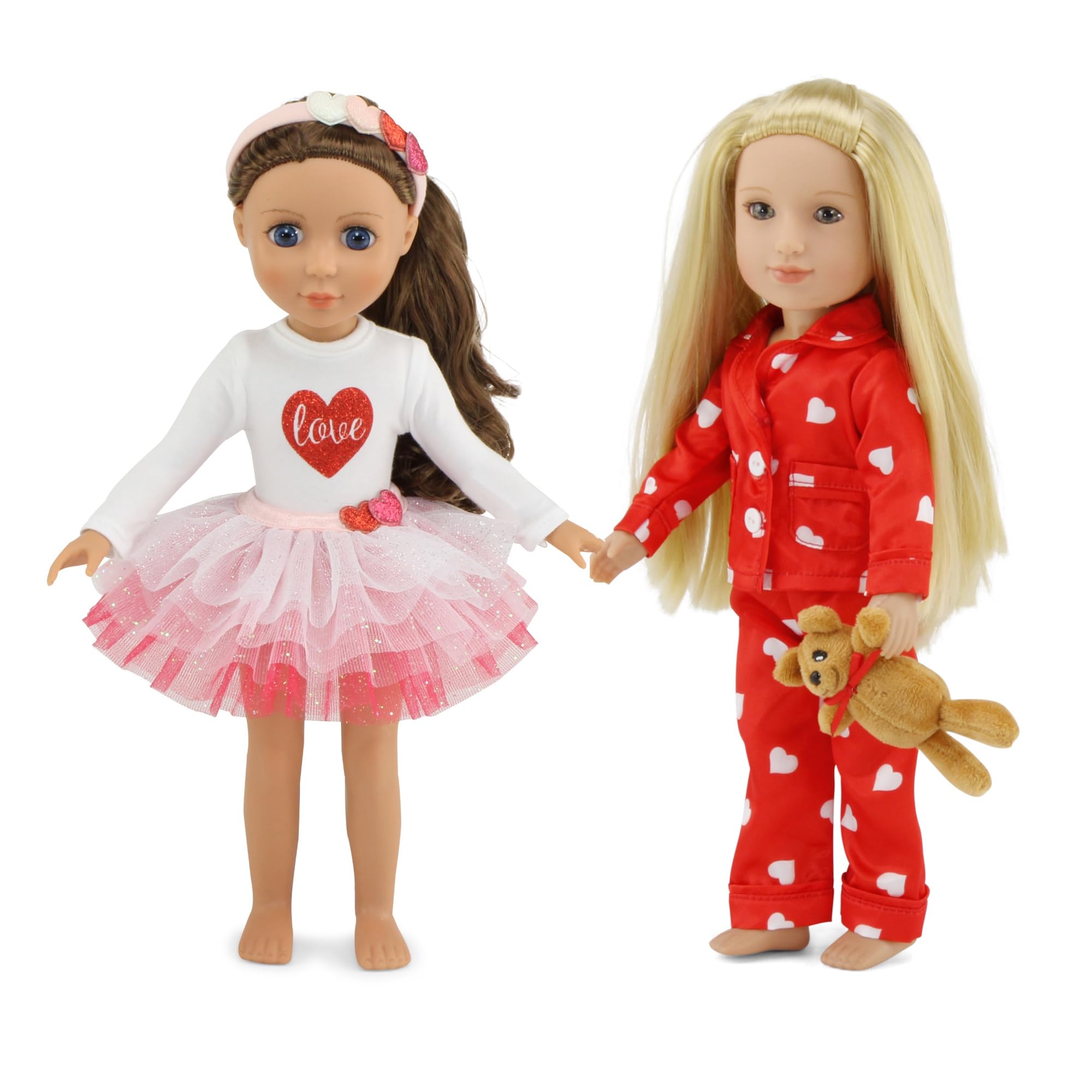 Emily Rose 14 Inch Fashion Doll Clothes - 6-PC Red/White Clothing Bundle. Including Tutu Set & PJ Pajamas Gift Set with Teddy Bear - USA Business -