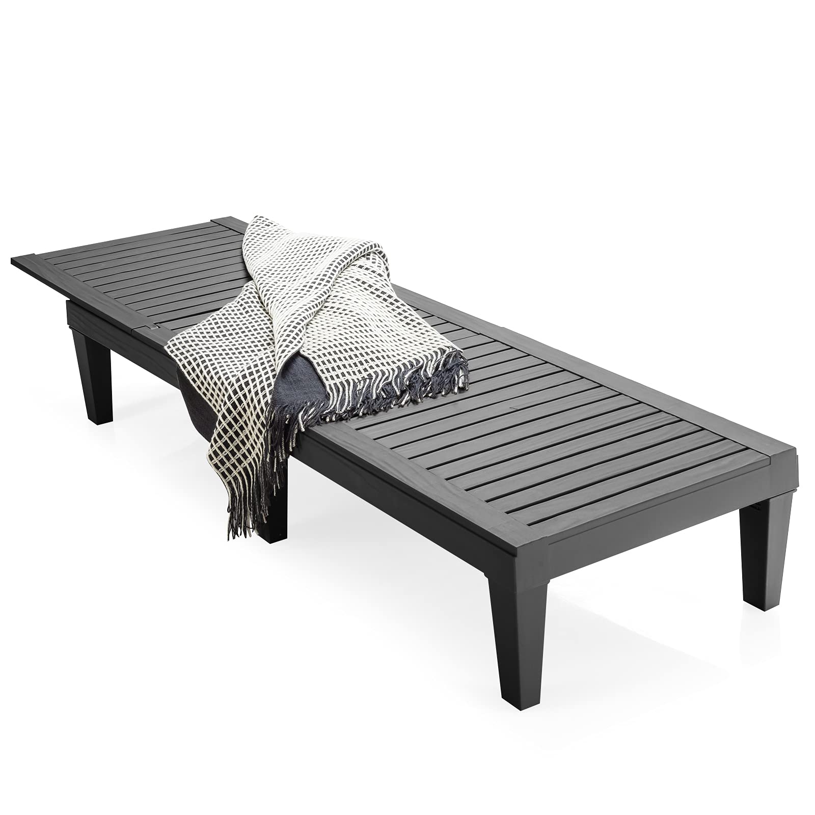 GIANTEX Tumbona de Jardín Exterior con Respaldo Ajustable en 5 Posiciones, Tumbona Reclinable de PP con Acabado Efecto Madera, Carga 180 kg, para Playa, Balcón, Terraza, Piscina (1, Negro)