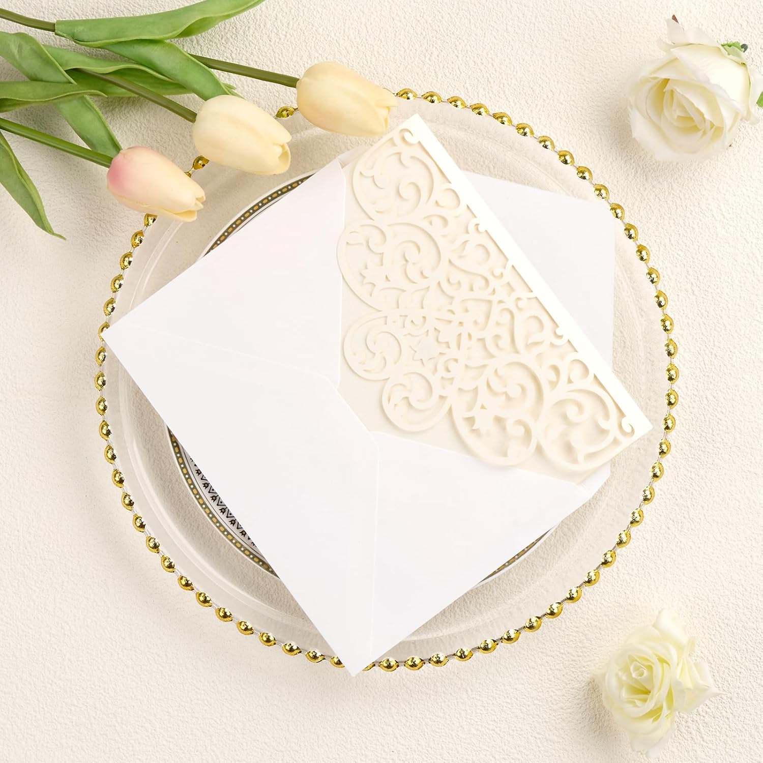 50Pcs Ivory Wedding Invitation Kits with Envelopes and RSVP Cards Laser Cut 5×7 Tri-Fold Personalized Birthday Invitations for Wedding Quinceanera Party Bridal Shower Engagement
