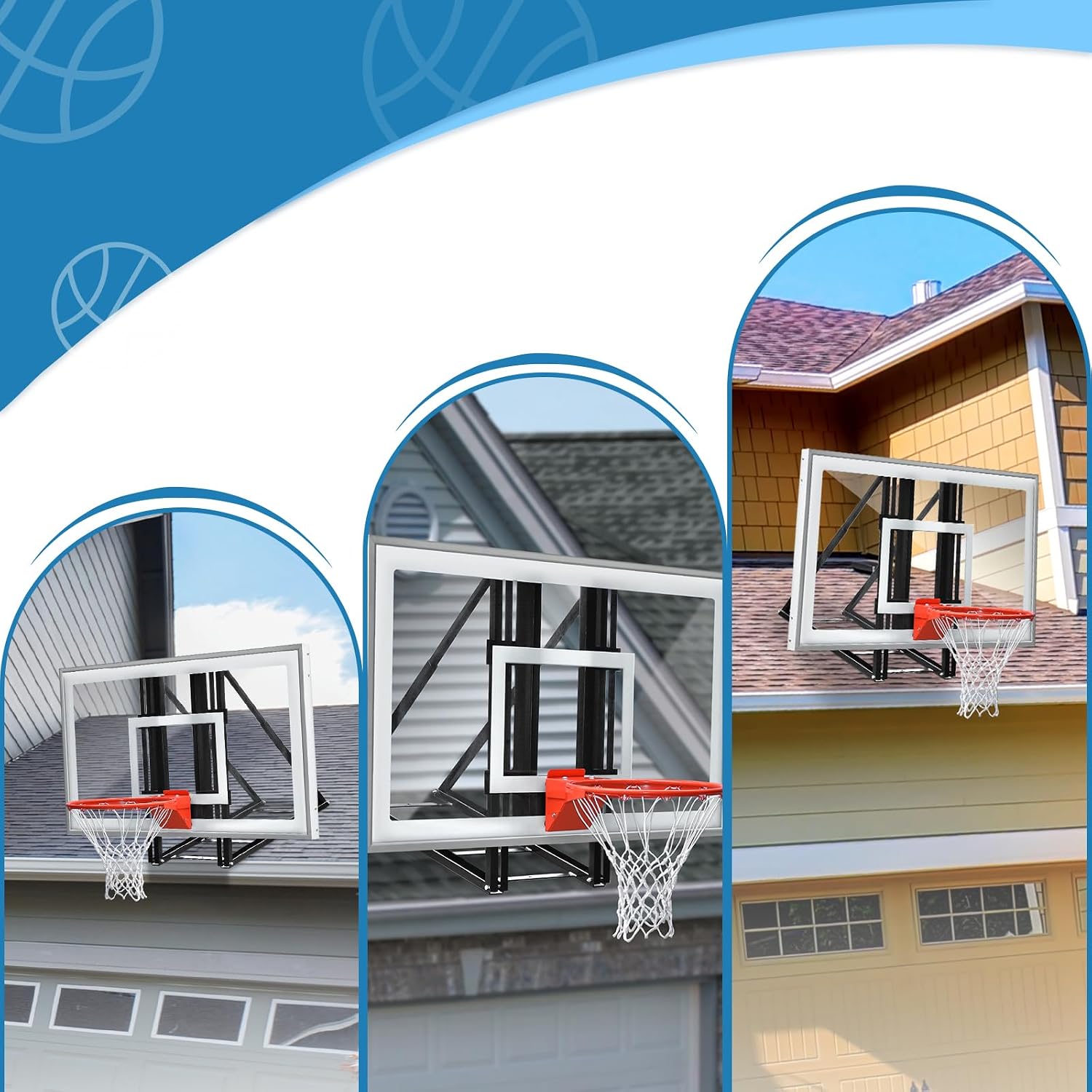 PROGOAL Roof Mounted Basketball Hoop Garage Includes 48" Or 60'' Crystal-Clear Tempered Glass Backboard, Durable Steel Universal Bracket and Double Spring Breakaway Rim with Net