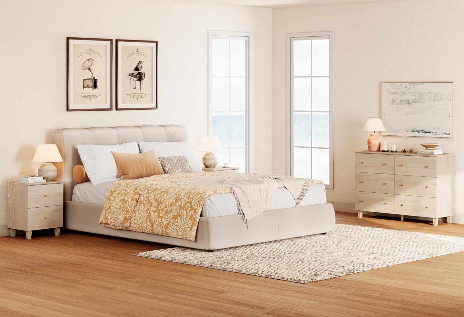 WAMPAT Dresser and Nightstand Set for Bedroom, 47.2 Inches Wood Dresser with 6 Drawers, 1 Piece Nightstand with Charging Station, Chest of Drawers and Bedside Table Set, Light Oak