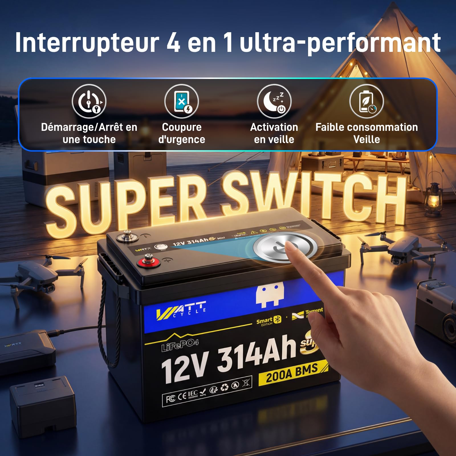 Batterie Lithium 12V 314Ah LiFePO4 Bluetooth avec Protection de 200A BMS