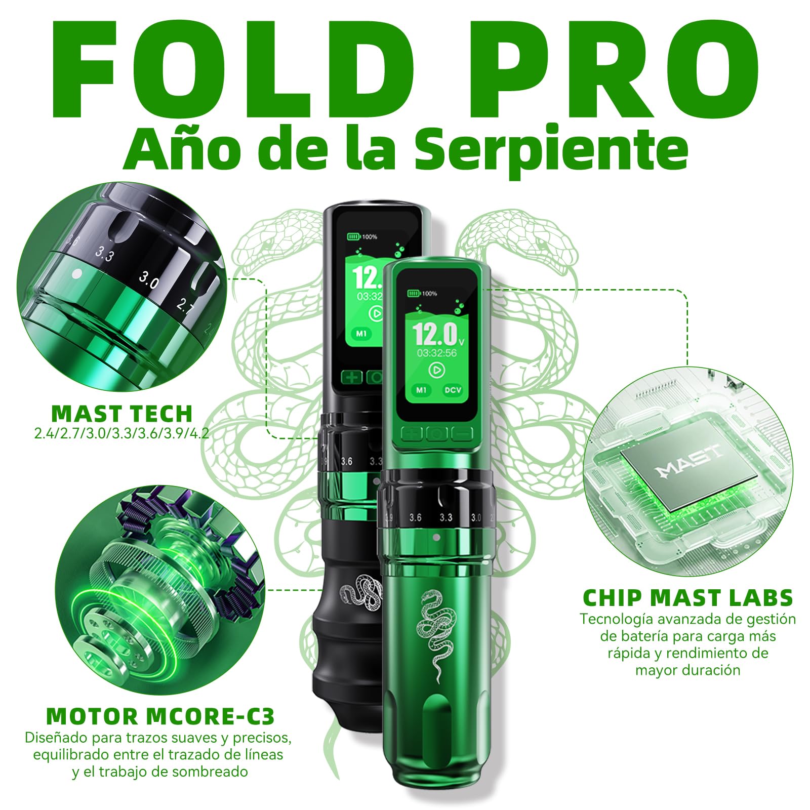 Dragonhawk Fold Pro Year of Snake Edition Rotary Tattoo Pen Inalámbrica Mcore-C3, 3000mAh con 2 Baterías
