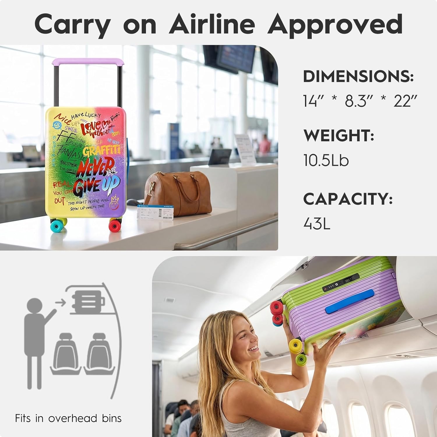 Multi-Color Graffiti Print Wide Handle Carry on Zipperless Hard Side Luggage 22x14x9 Airline Approved with Changer 20 Inch Carryon Travel Suitcases with Spinner Wheels (Colorful Graffiti, 20 Inch)
