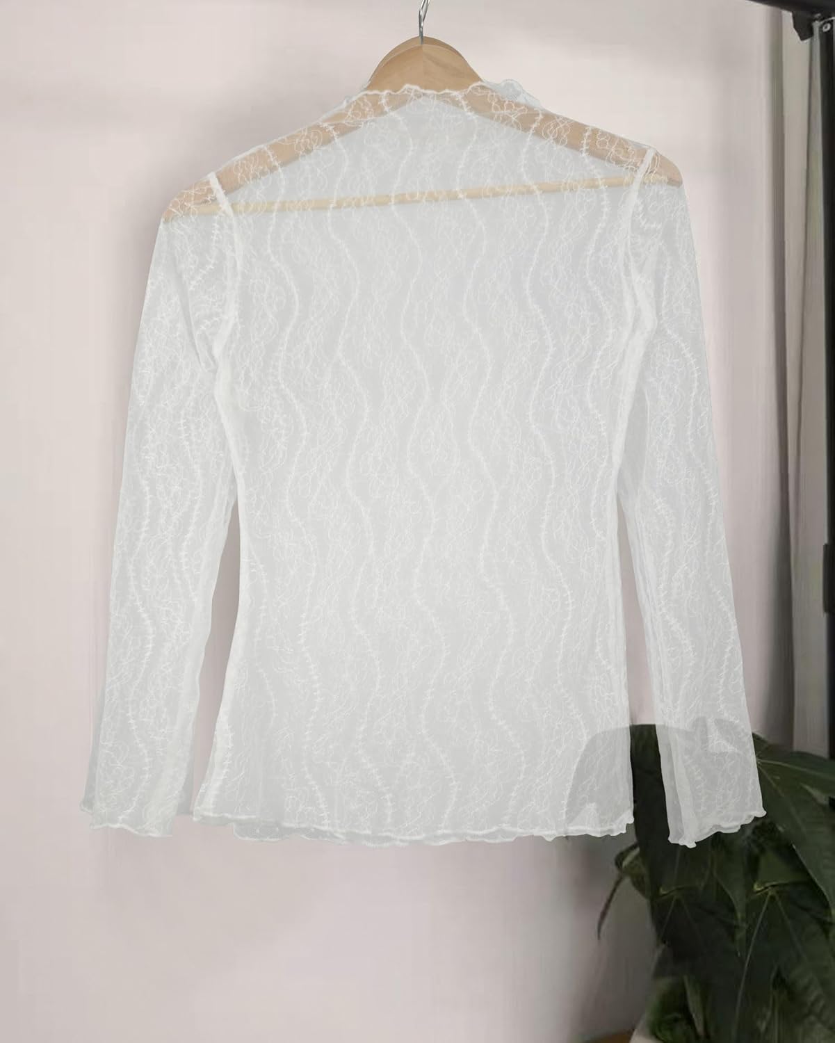 Women's Long Sleeve Mesh Tops See Through Sheer Tee Shirts Mock Neck Floral Embroidery Tops for Layering - Image 3