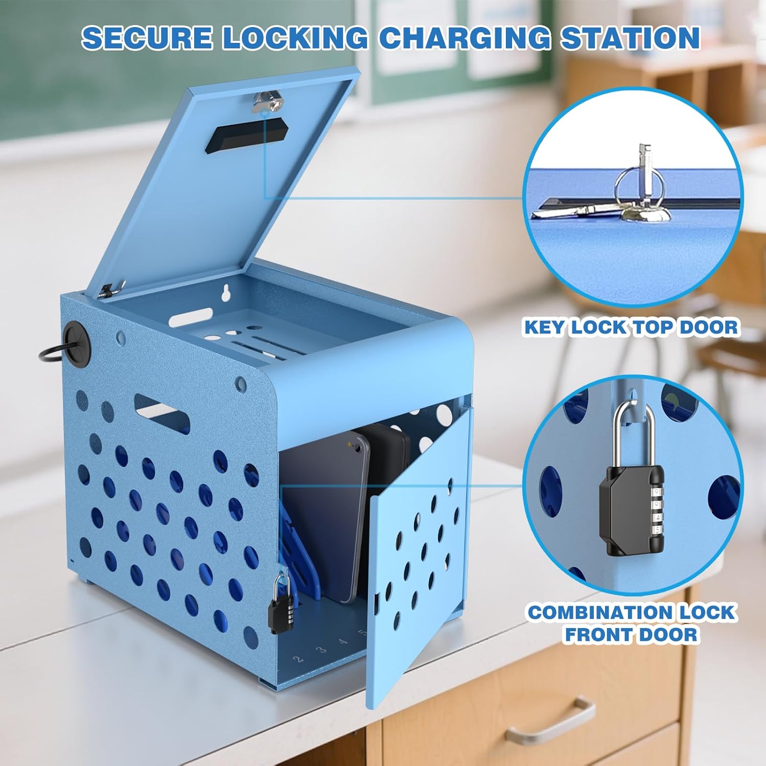 POCHAR 8-Device Chromebook Charging Cabinet for Classroom - Laptop Lock Box for iPad Tablet Fits 14" Screen - Portable Locking Charging Station for Schools, Offices, Hospitals (Blue)