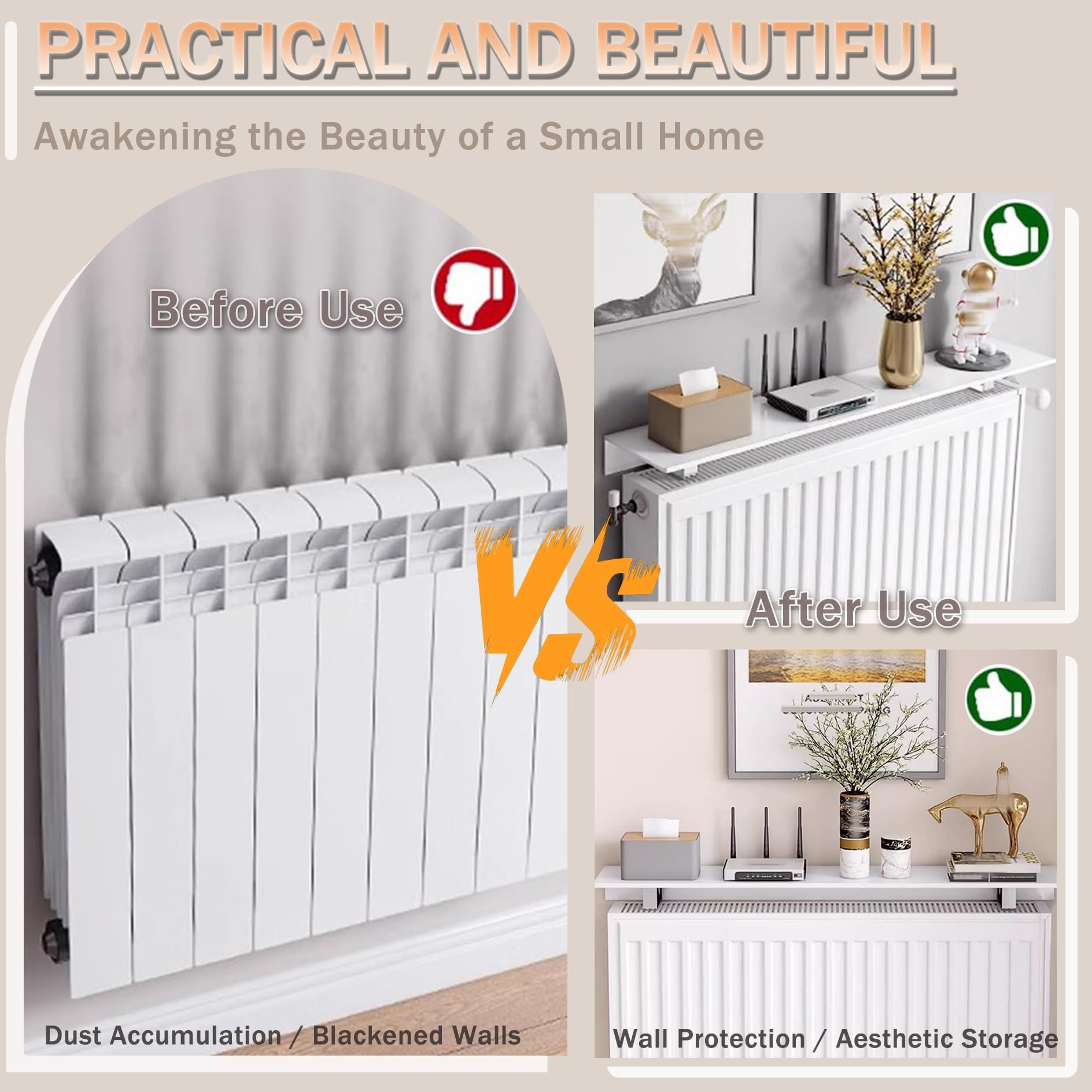 Estante para radiador de aluminio de 35 a 80 cm, con soporte de acero inoxidable, para decoración de sala de estar y cocina (35 cm)