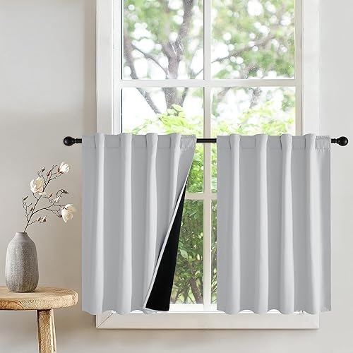 Miniatura 12 de PONY DANCE Cortinas de cocina 100% opacas cortas de 45 pulgadas de largo, cortinas de café con aislamiento térmico para ventanas con parte trasera