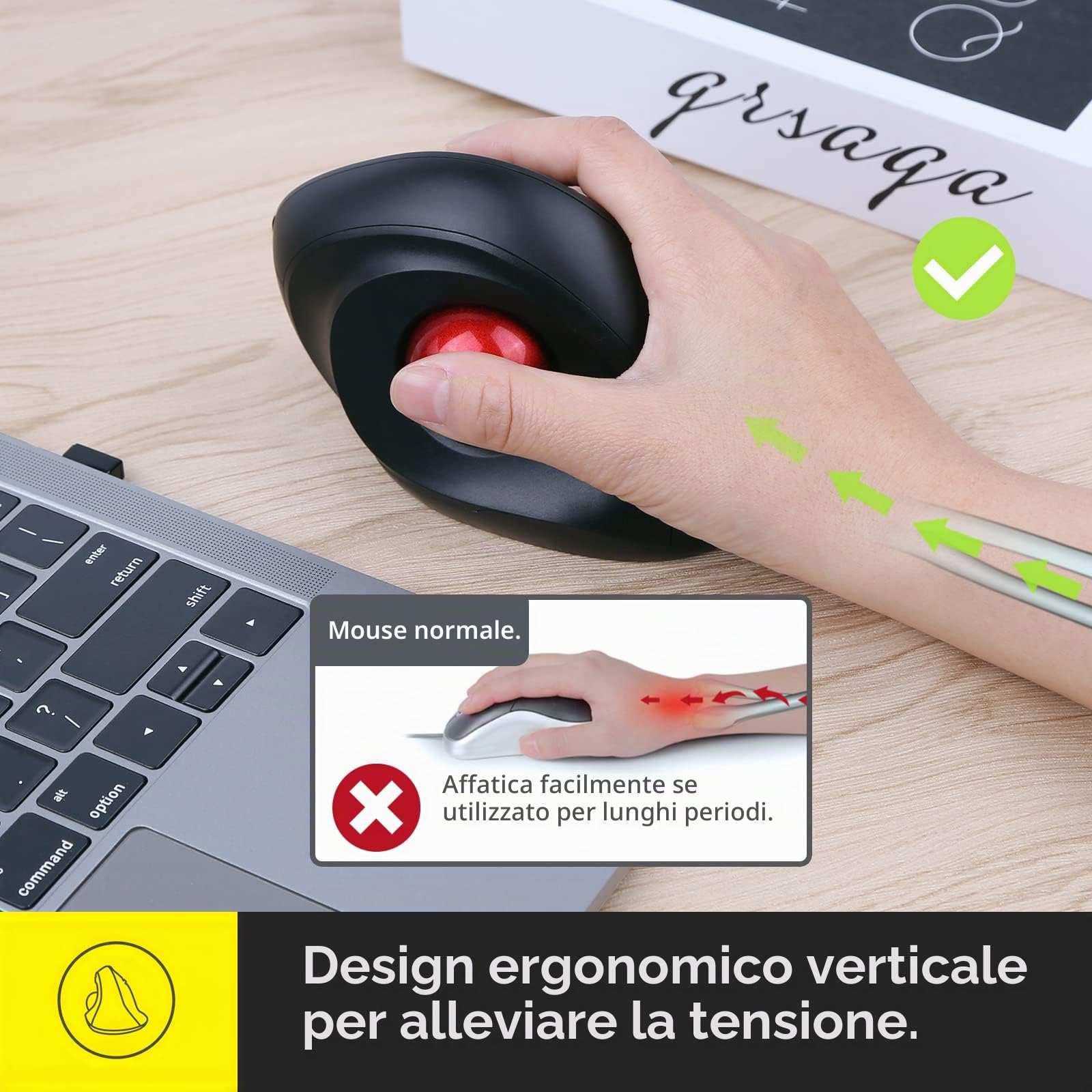 MicroPack Mouse trackball wireless, aggiornamento 2023, mouse ergonomico verticale per computer, 3 DPI regolabili, facile controllo del pollice per PC, laptop, Mac, Windows, nero