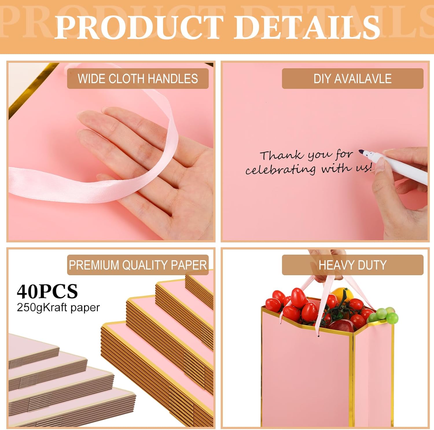 PerKoop 40 Pack Kraft Gift Bags Handled Paper 4 Sizes Goodie Bags with Handles Gift Wrap Recyclable Dessert Shopping Sacks for Easter Mother's Day Birthday Baby Shower Wedding(Pink)