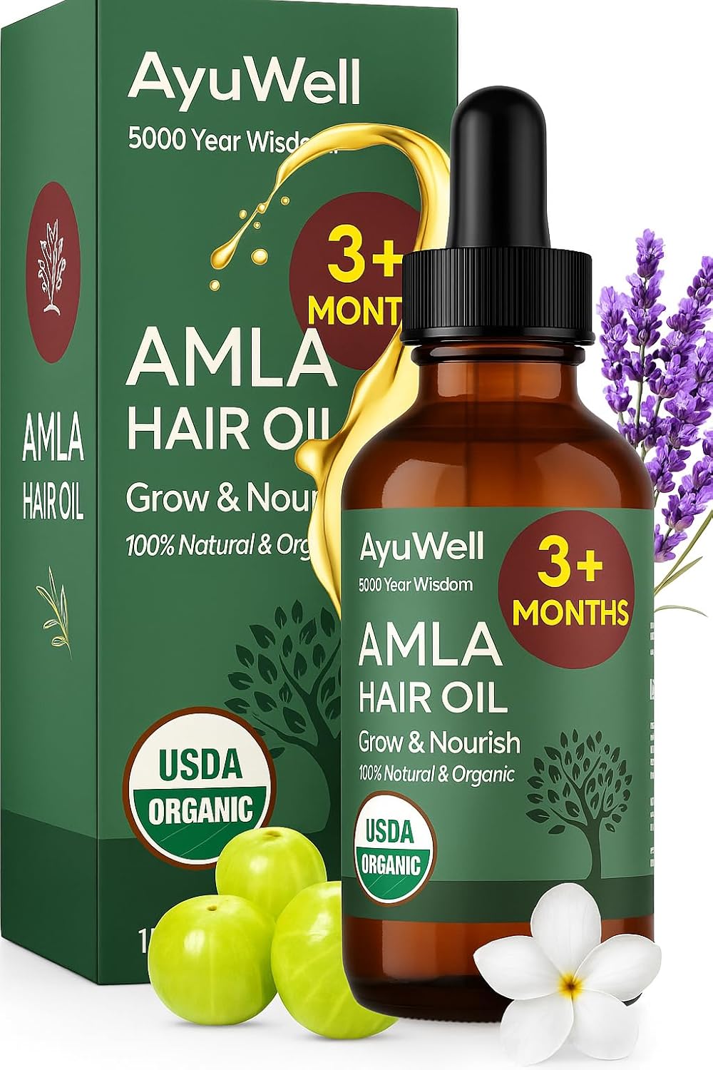 Ayurvedic Hair Oil, Potent & Lightweight Amla Indian Hair Growth Oil — USDA & All Hairs Types — For Nourishing Scalp w/Non-GMO Bhringraj, Brahmi, & Lavendar For Growth + Balanced Health, 2 oz