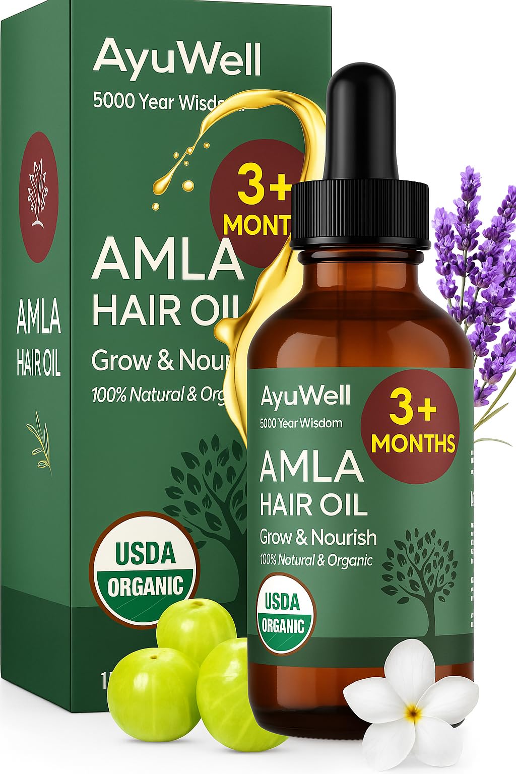 Ayuwell Ayurvedic Hair Oil, Potent & Lightweight Amla Indian Hair Growth Oil — USDA & All Hairs Types — For Nourishing Scalp w/Non-GMO Bhringraj, Brahmi, & Lavendar For Growth + Balanced Health, 2 oz