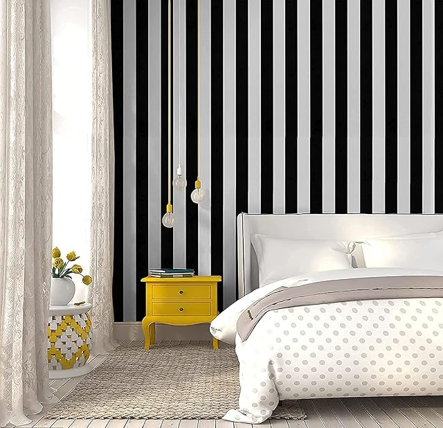 Stripe Wallpaper Self Adhesive Contact Paper 40x500cm Waterproof Sticky Back Plastic Rolls Thicken Vinyl Wrap Peel and Stick Black and White Films Removable Decor DIY for Walls and Furniture