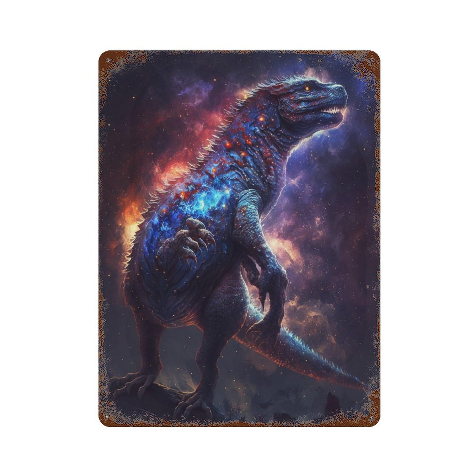 Aged Metal Wall Plaque with Galactic Dinosaur Art Print Design 15.7"x11.8", for Shed, Workshop And Garage Wall Decor, Decorative Metal Wall Art