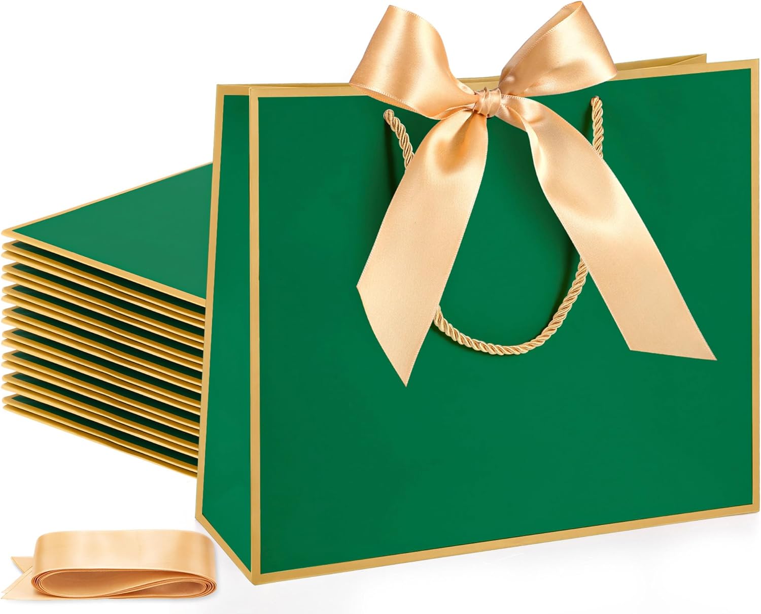 Silkfly Thank You Gift Bags with Handle 12x10x4'' Welcome Return Gifts Bag with Bow Ribbon for Wedding Bridesmaid Baby Shower Birthday Housewarming Employee Appreciation Day(Dark Green,12 Pcs)