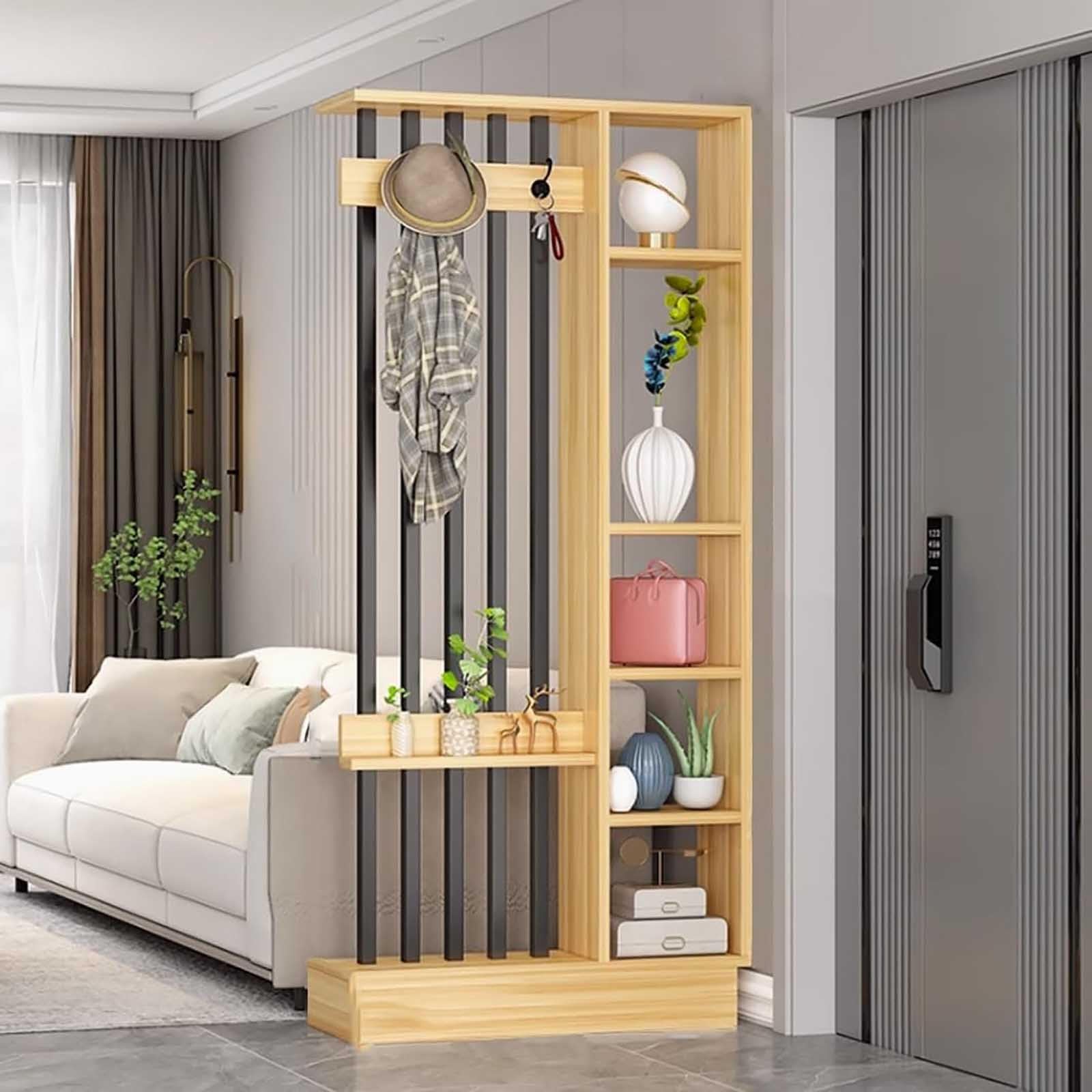 Separador de habitación de madera de suelo a techo con perchero, panel de privacidad de madera maciza, 80 cm, mejora el espacio y la nizat